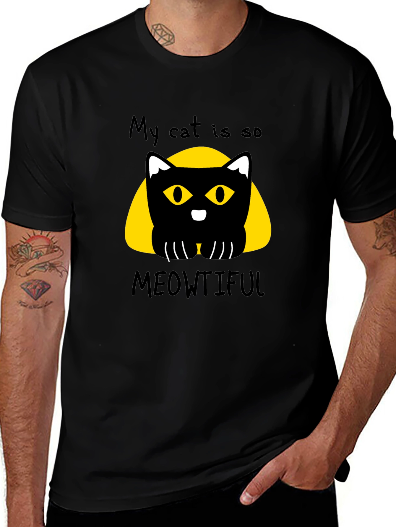 Meowtiful Cat Graphic Tee - Black Cotton T-Shirt