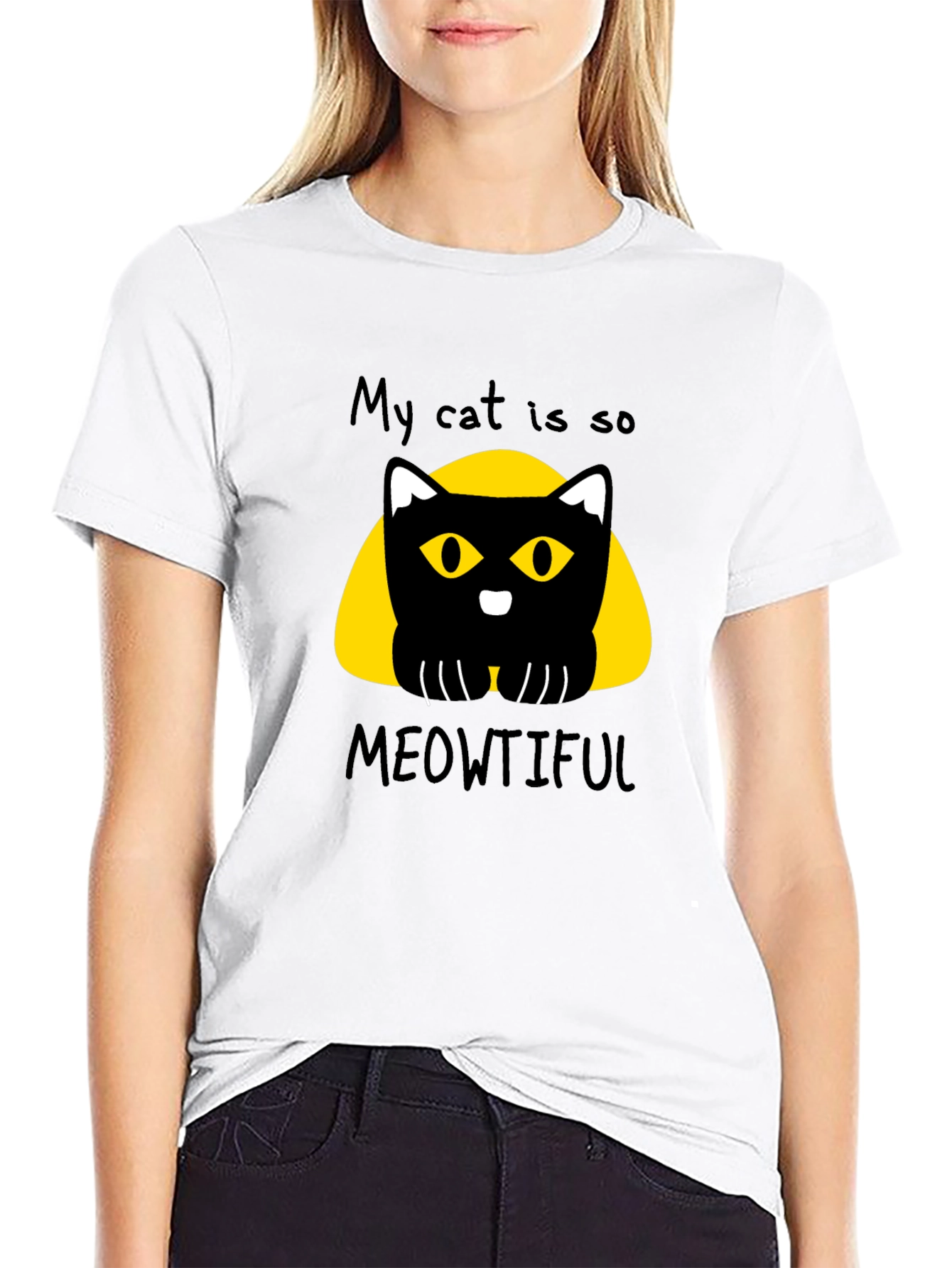 Meowtiful Cat Graphic Tee - Black Cotton T-Shirt