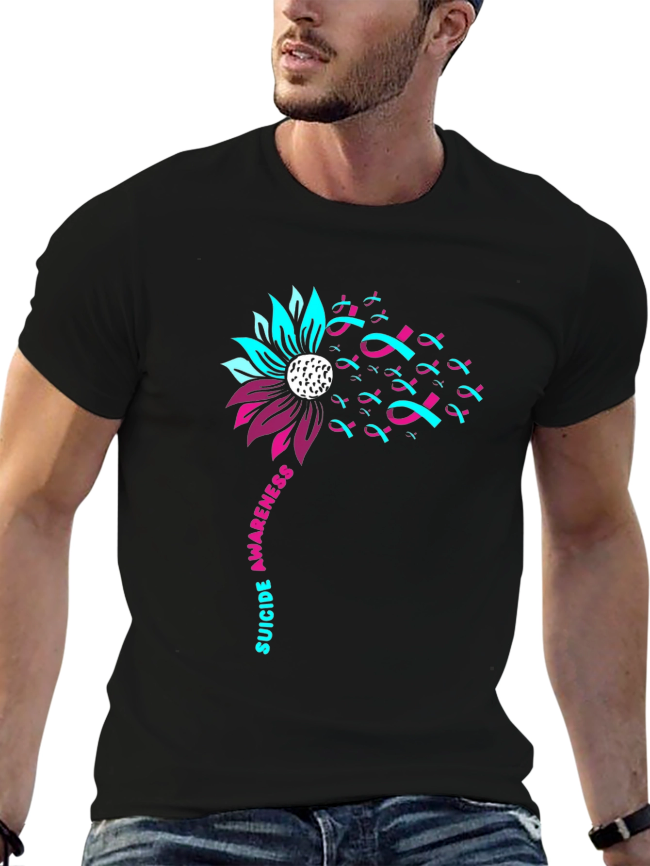 Suicide Awareness Ribbon Flower Black T-Shirt