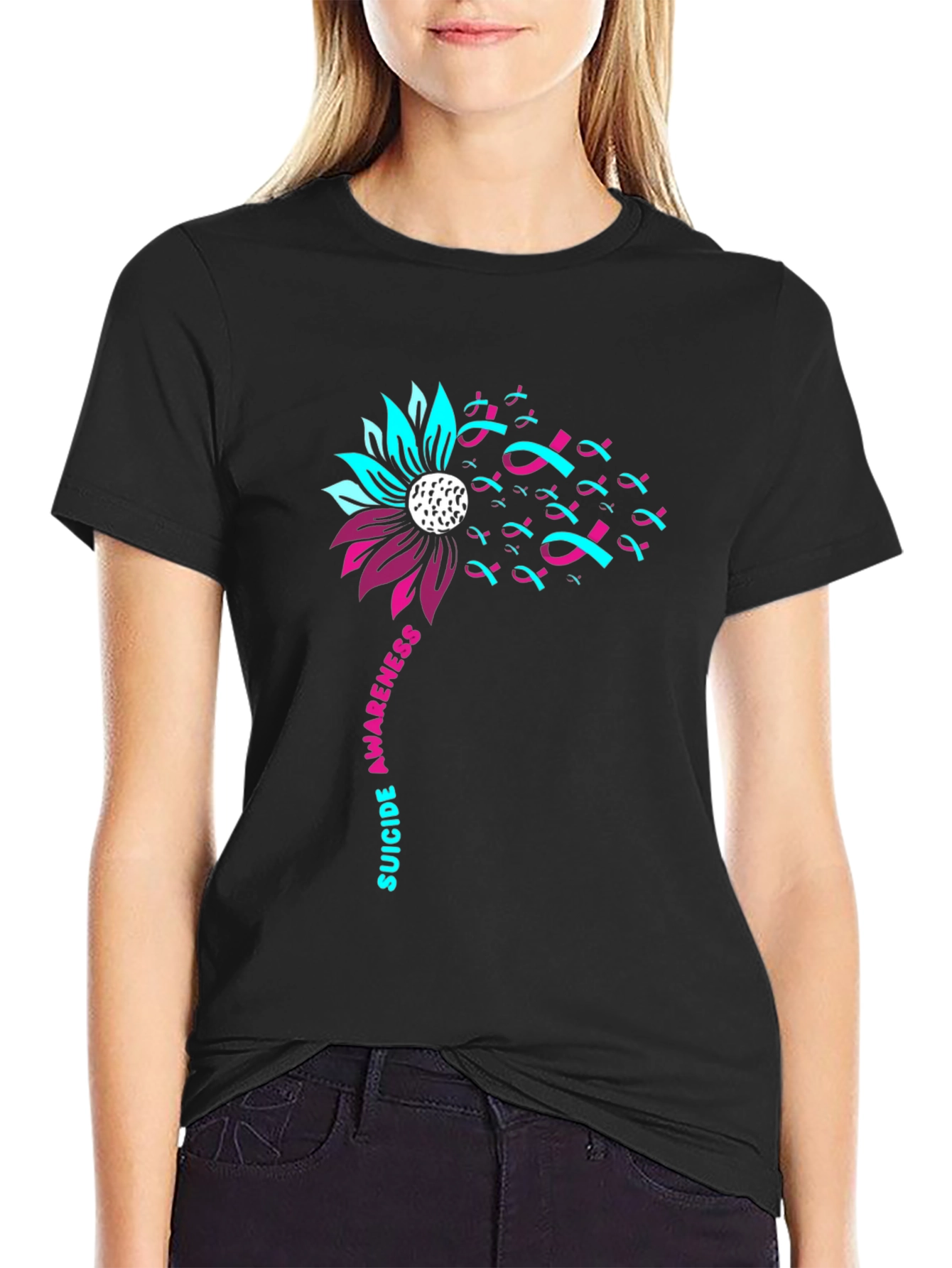 Suicide Awareness Ribbon Flower Black T-Shirt