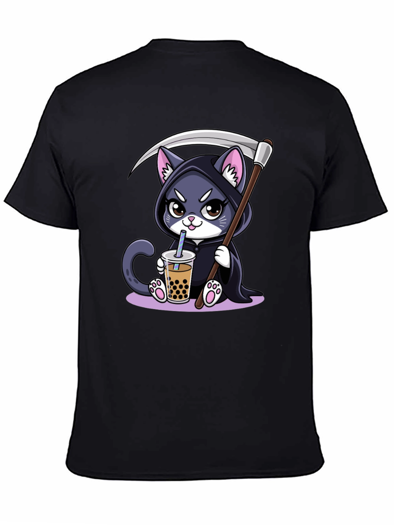 Grim Reaper Cat Boba T-Shirt - Kawaii Cute Design