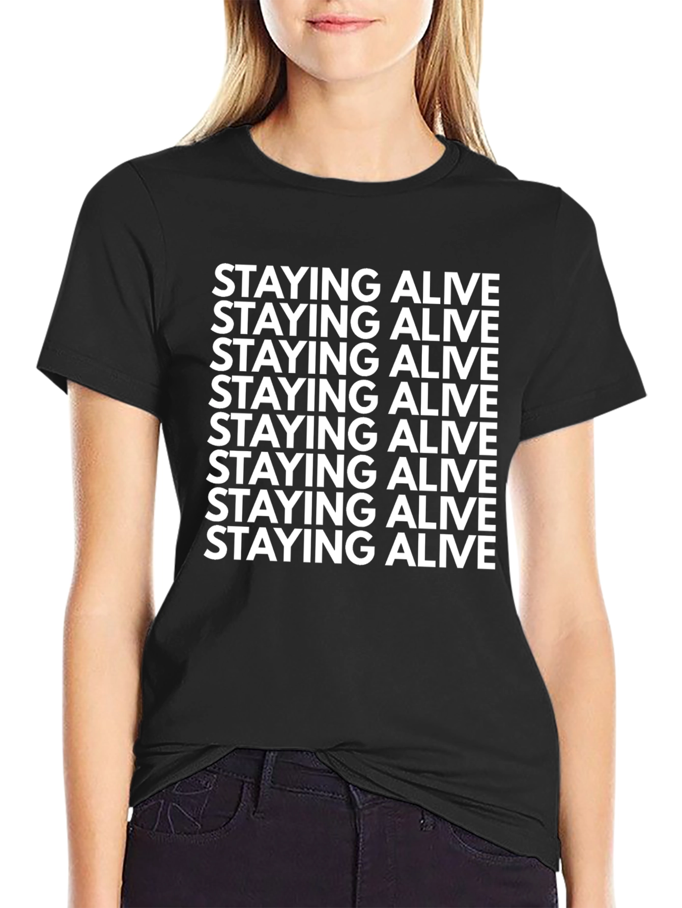 Staying Alive Graphic Tee -  Trendy Black T-Shirt