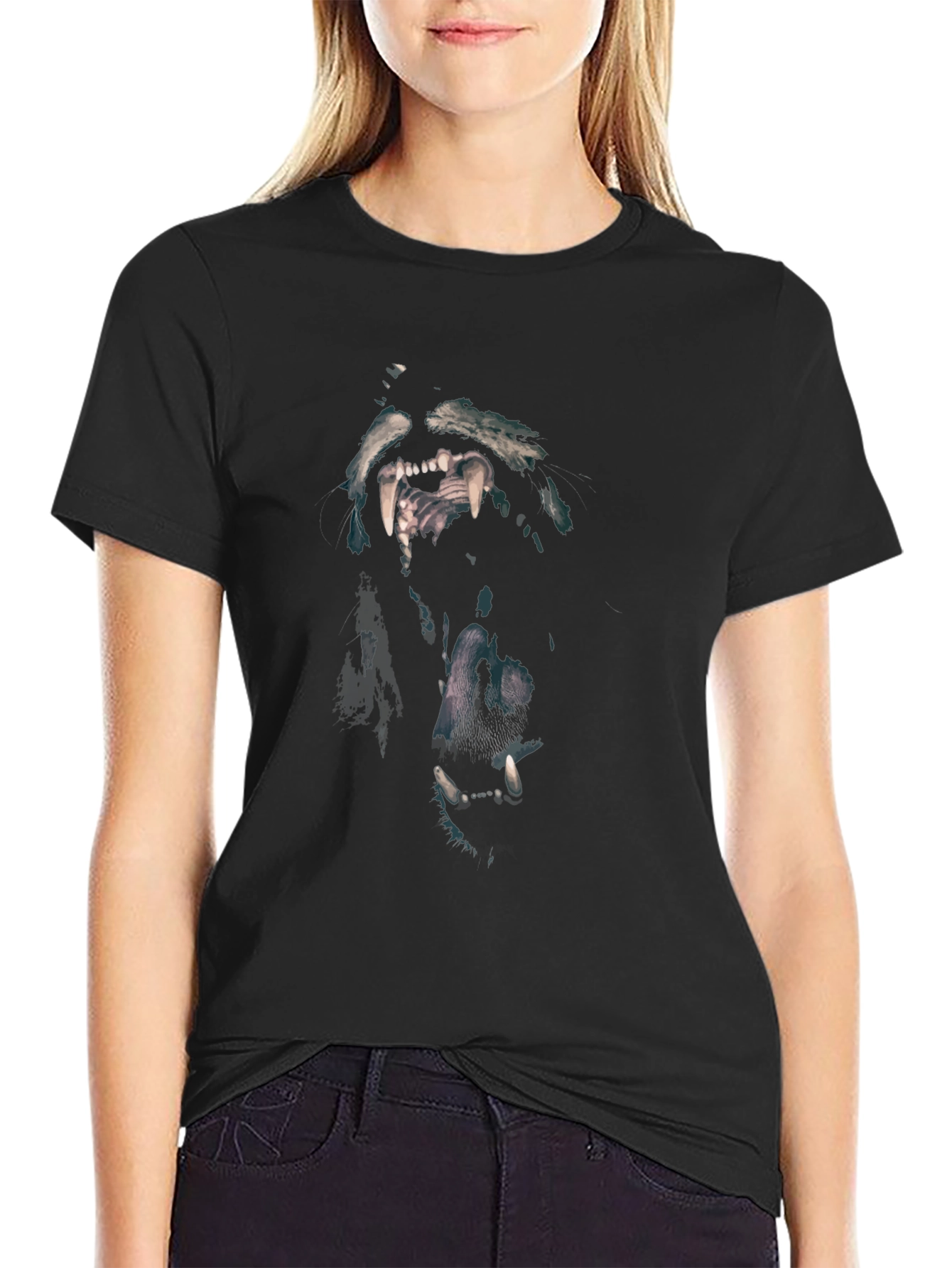 Wolf Graphic Print Black Crew Neck T-Shirt