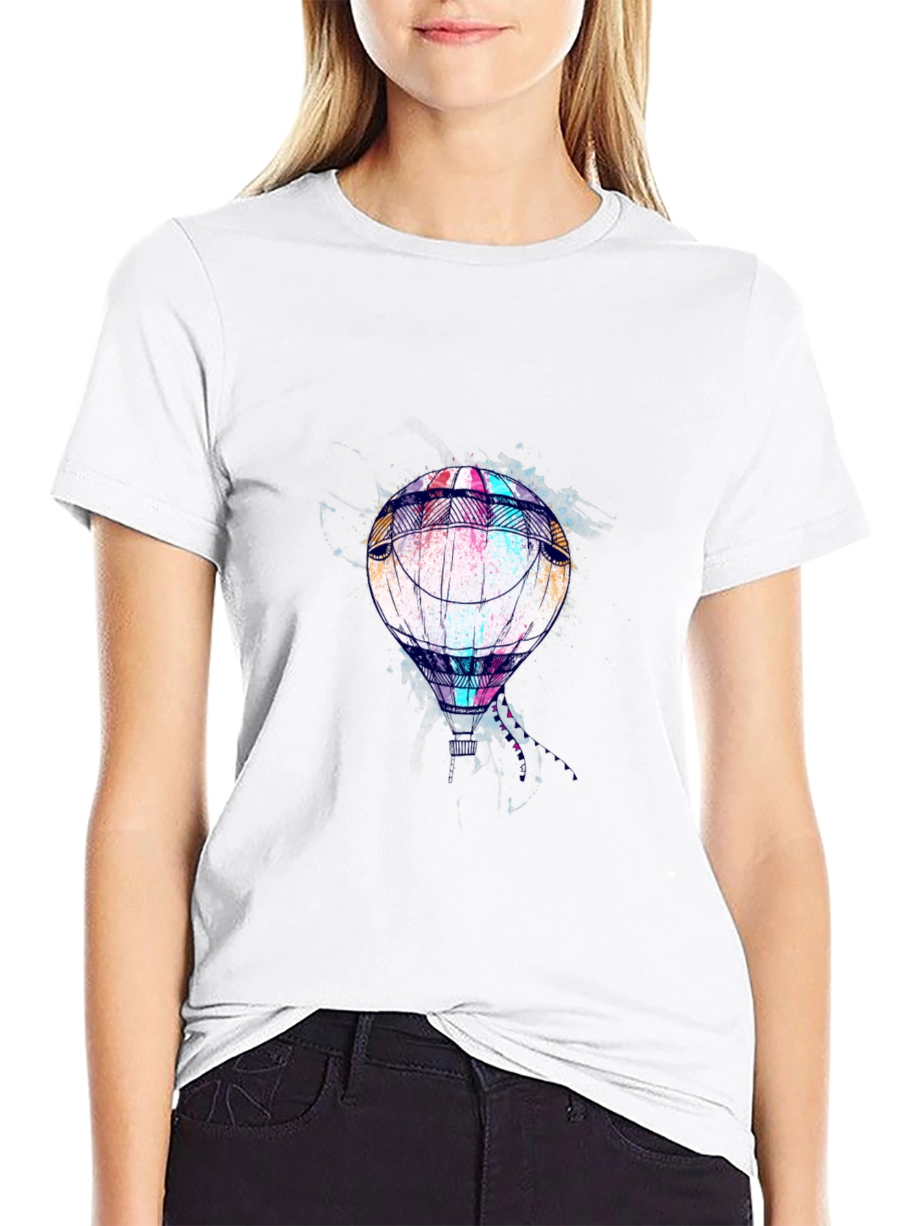 Mens Black T-Shirt with Hot Air Balloon Graphic