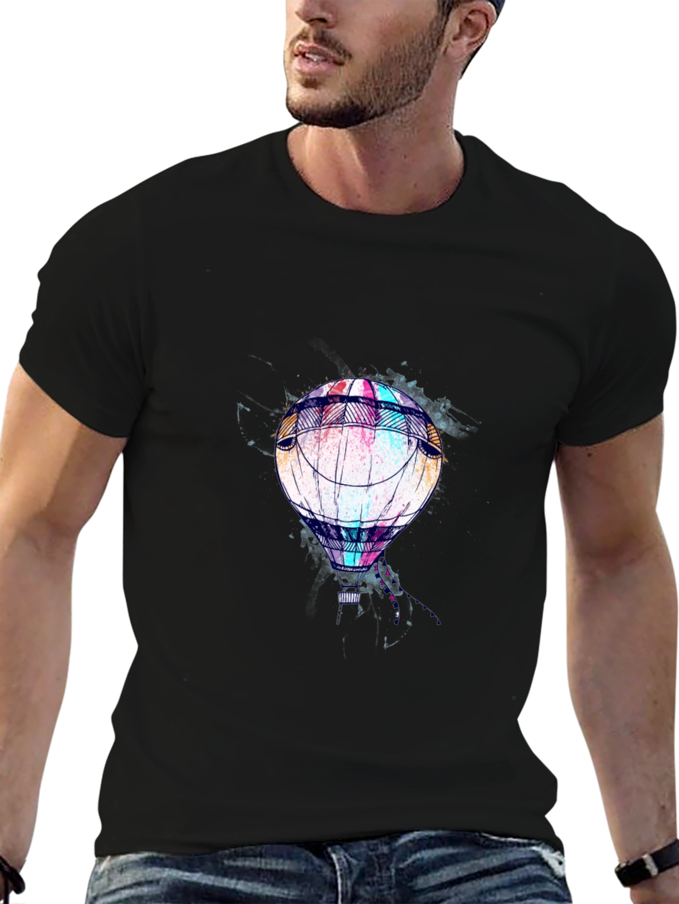Mens Black T-Shirt with Hot Air Balloon Graphic
