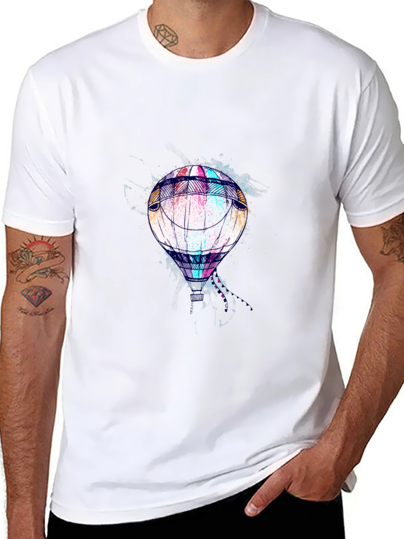 Mens Black T-Shirt with Hot Air Balloon Graphic