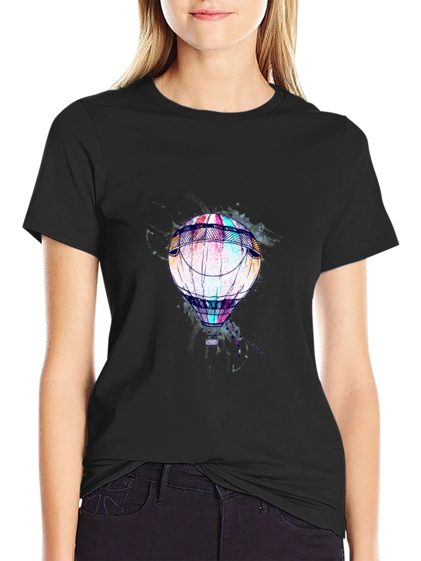 Mens Black T-Shirt with Hot Air Balloon Graphic