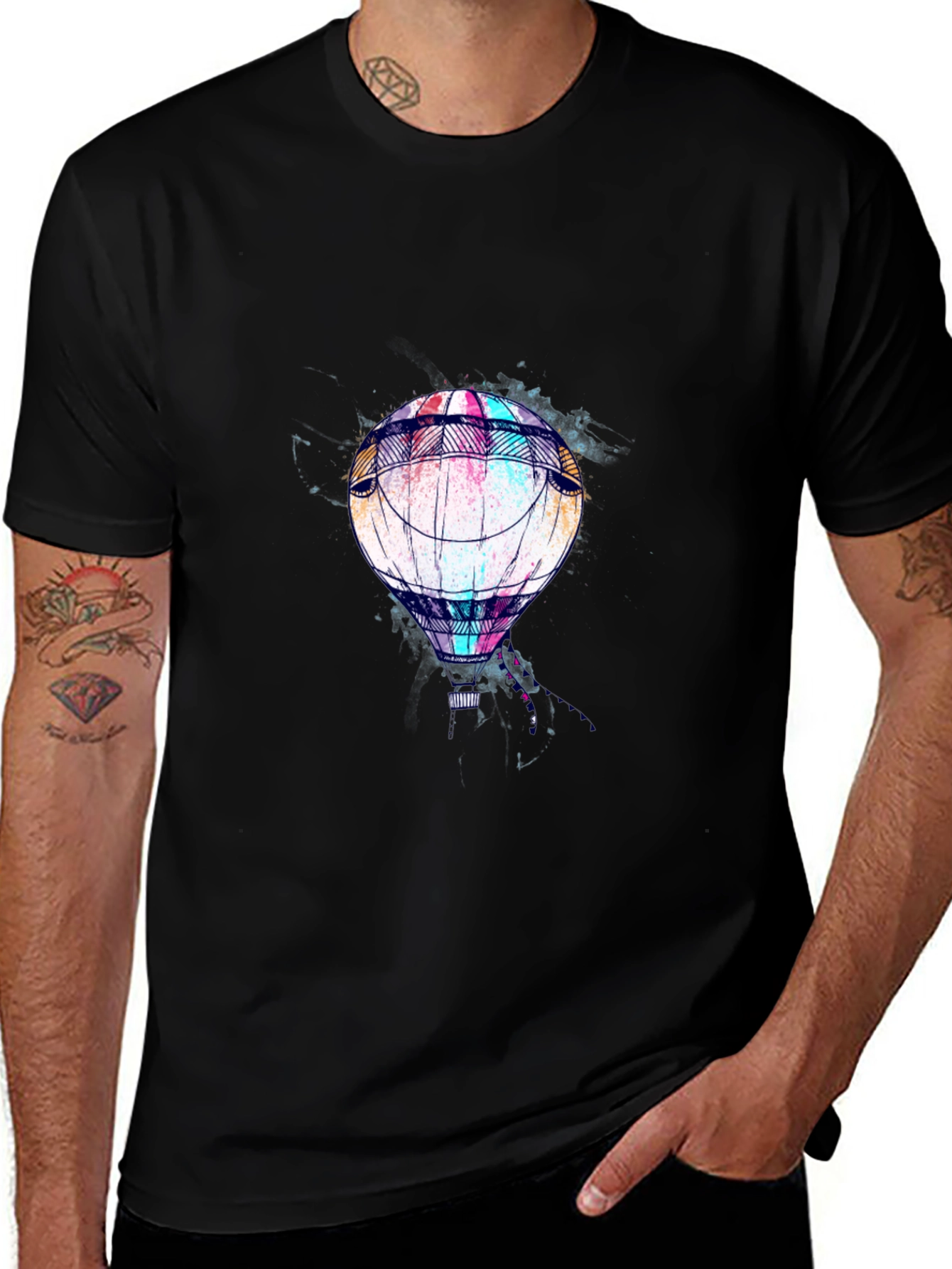 Mens Black T-Shirt with Hot Air Balloon Graphic
