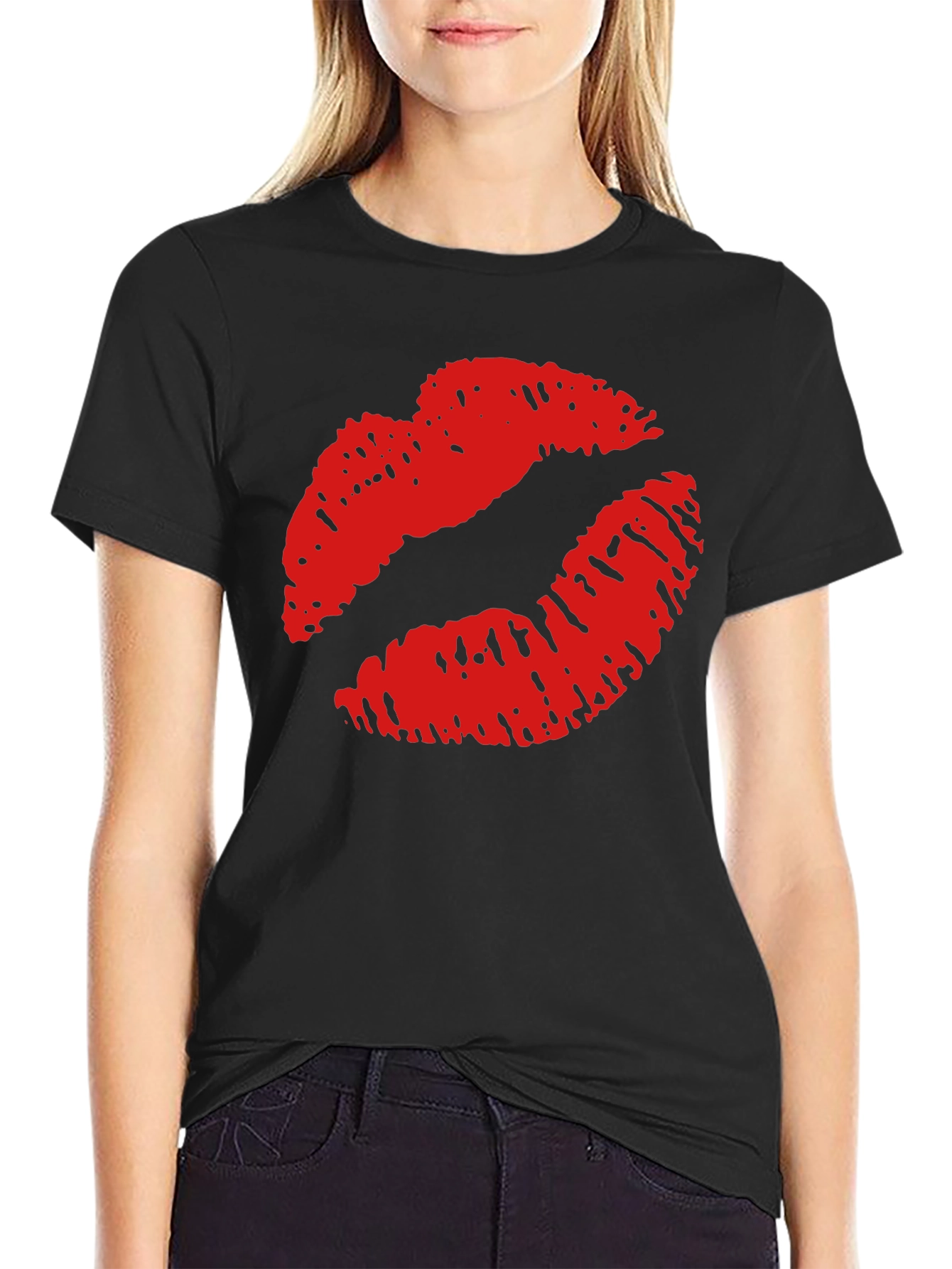 Kiss Lips Print Black Casual Tee