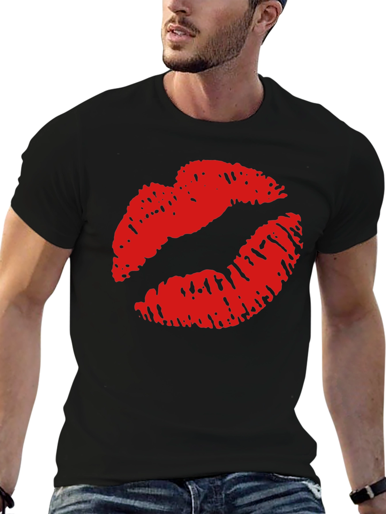 Kiss Lips Print Black Casual Tee