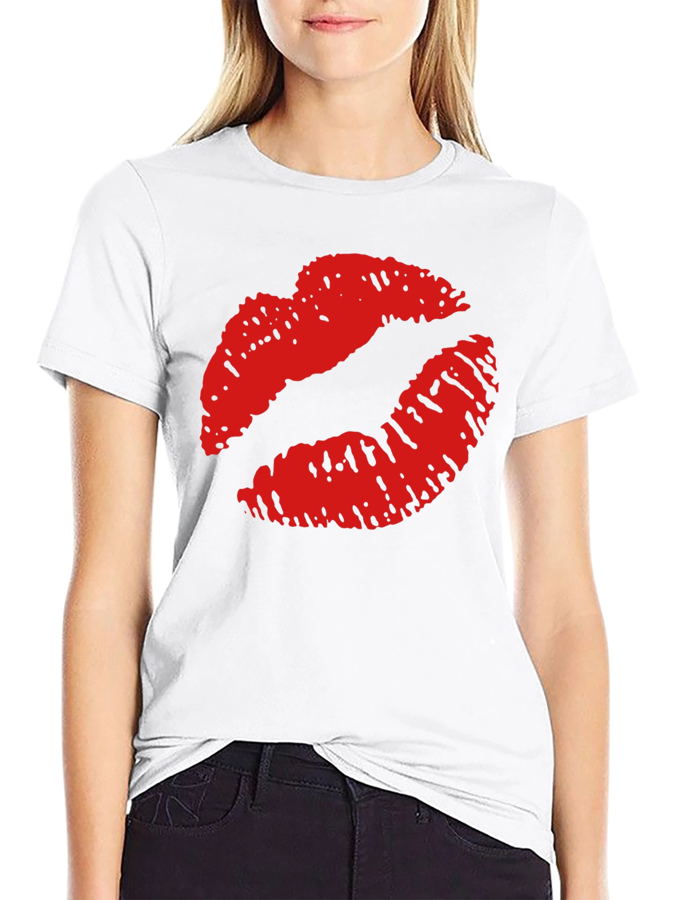 Kiss Lips Print Black Casual Tee