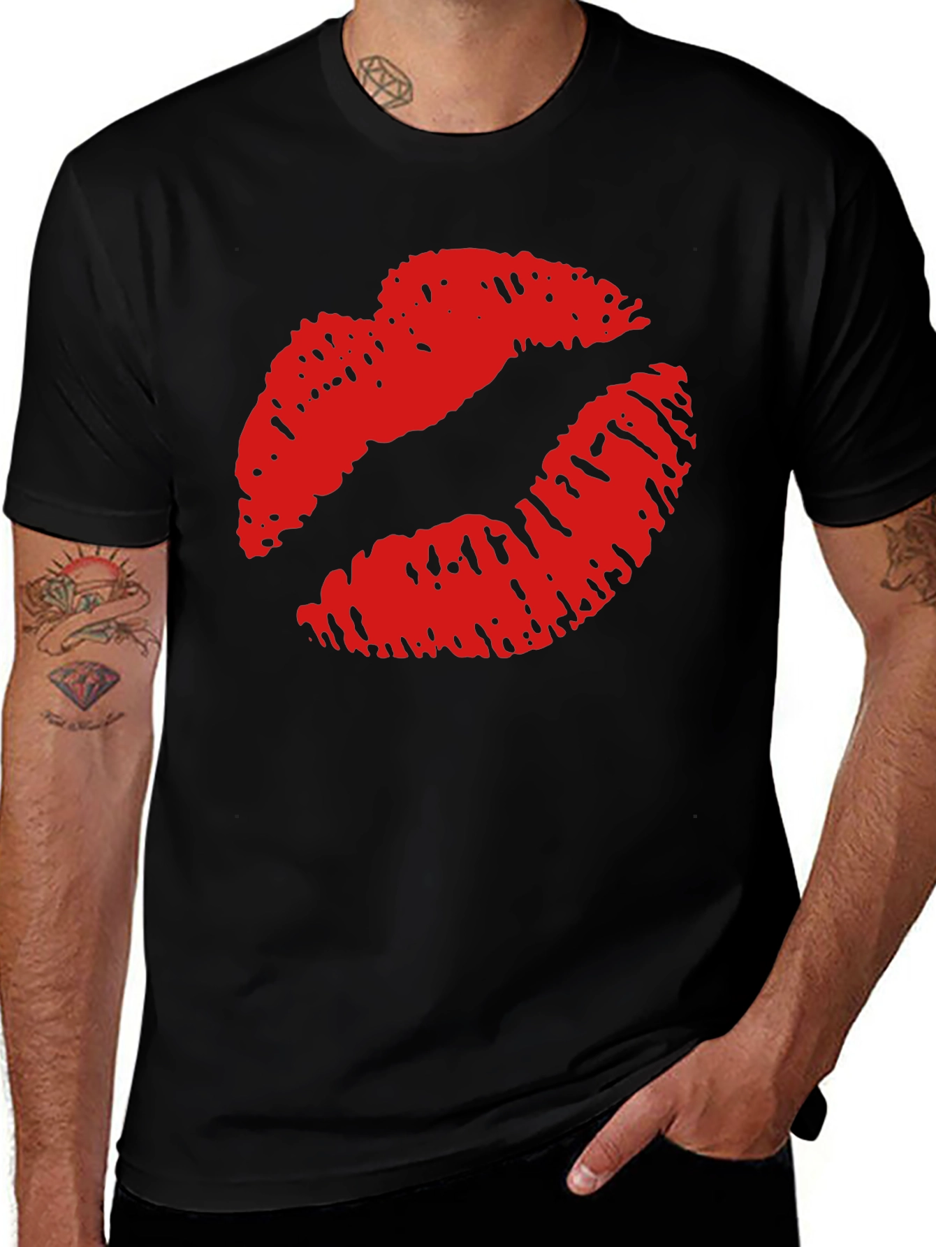 Kiss Lips Print Black Casual Tee