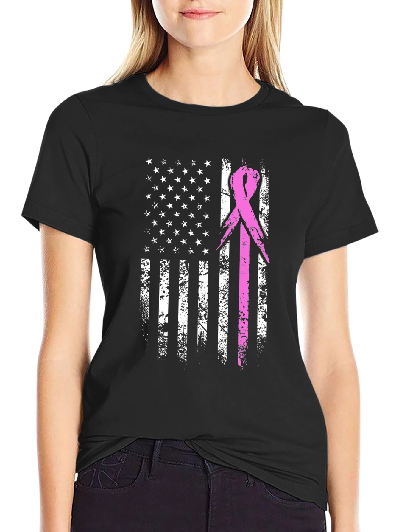 Breast Cancer Awareness US Flag Graphic T-Shirt