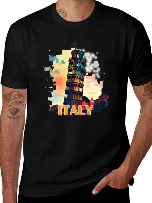 Italy Pisa Tower Graphic Tee - Mens Black T-Shirt