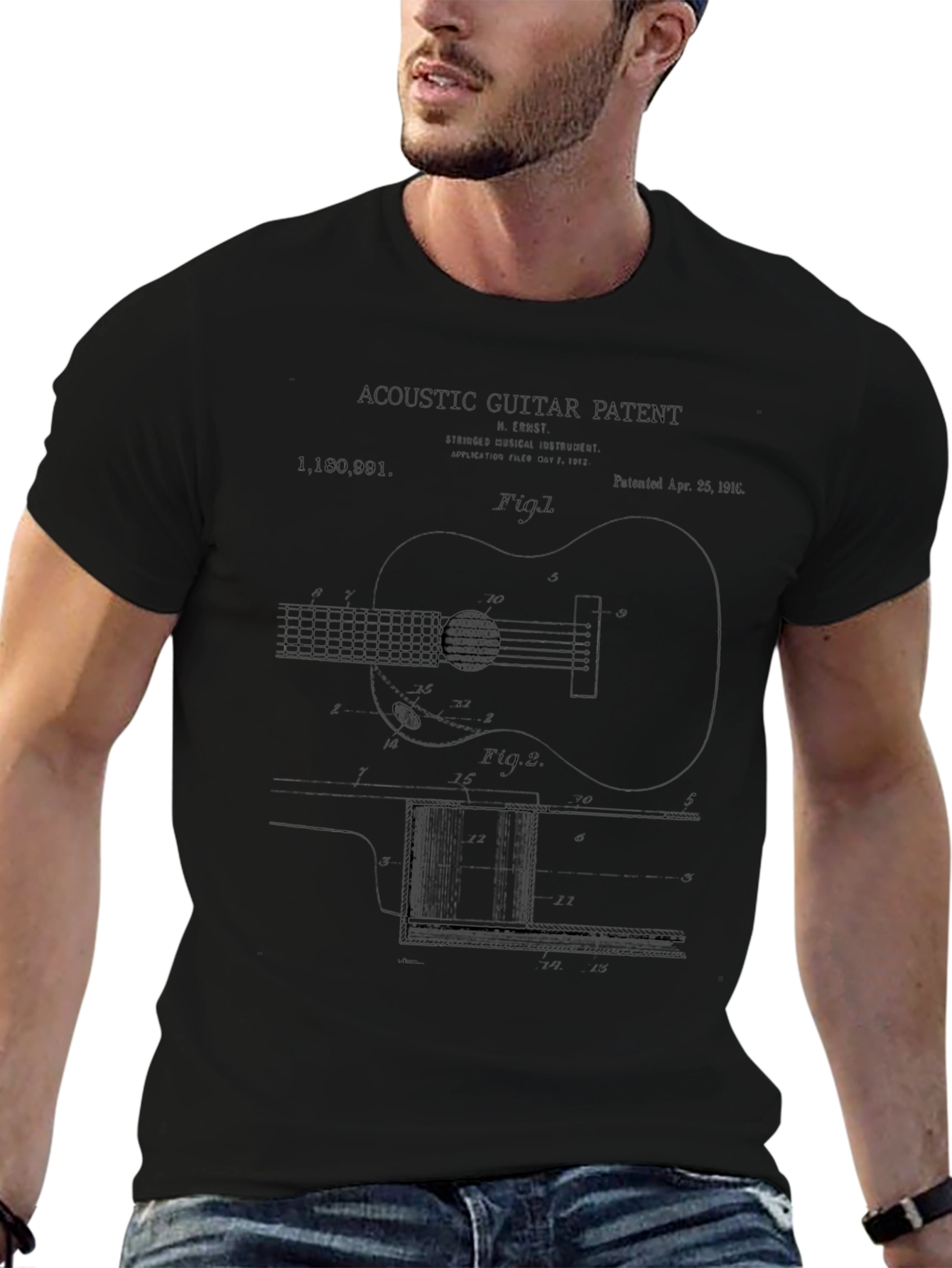 Acoustic Guitar Patent Black T-Shirt