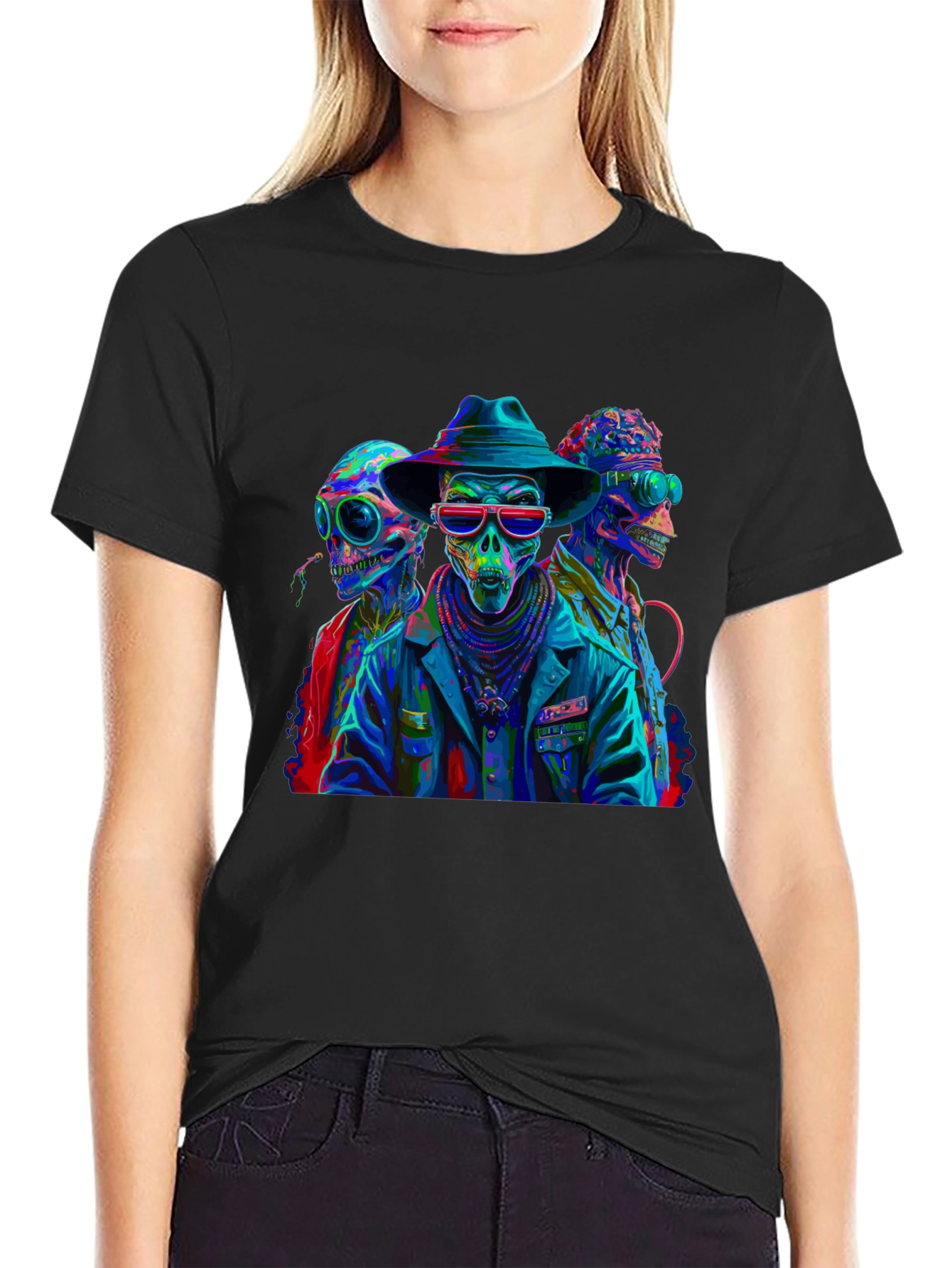 Neon Alien Skeleton Graphic T-Shirt
