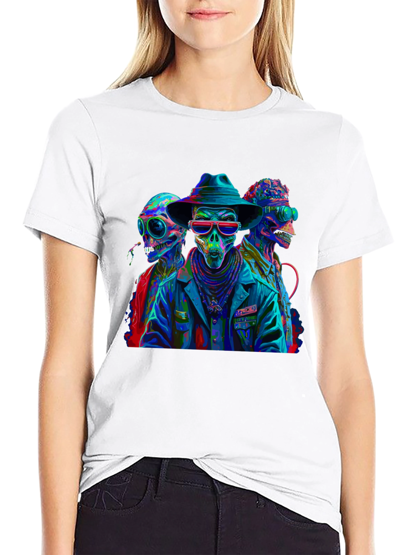 Neon Alien Skeleton Graphic T-Shirt