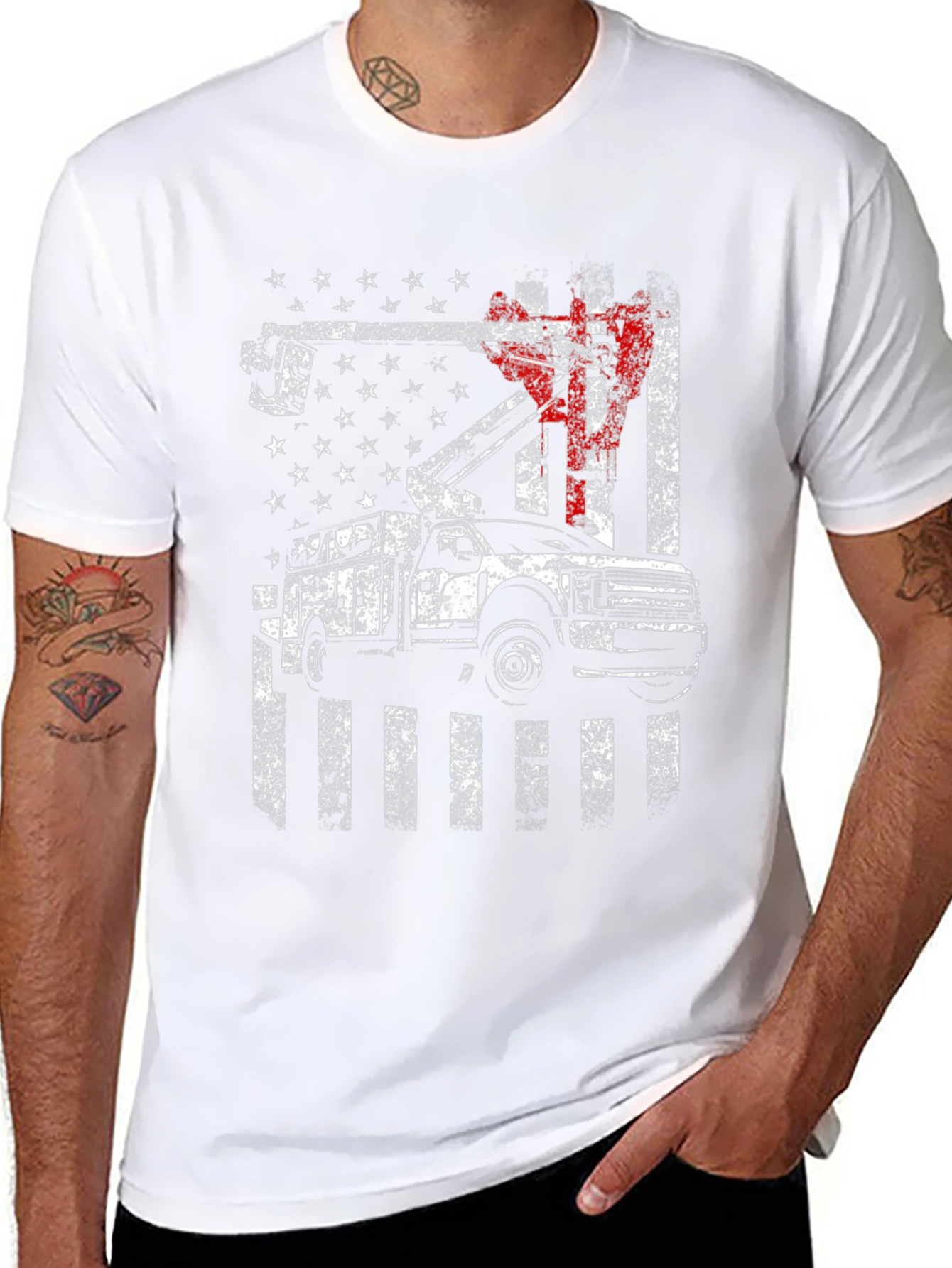 Lineman American Flag Truck Black T-Shirt