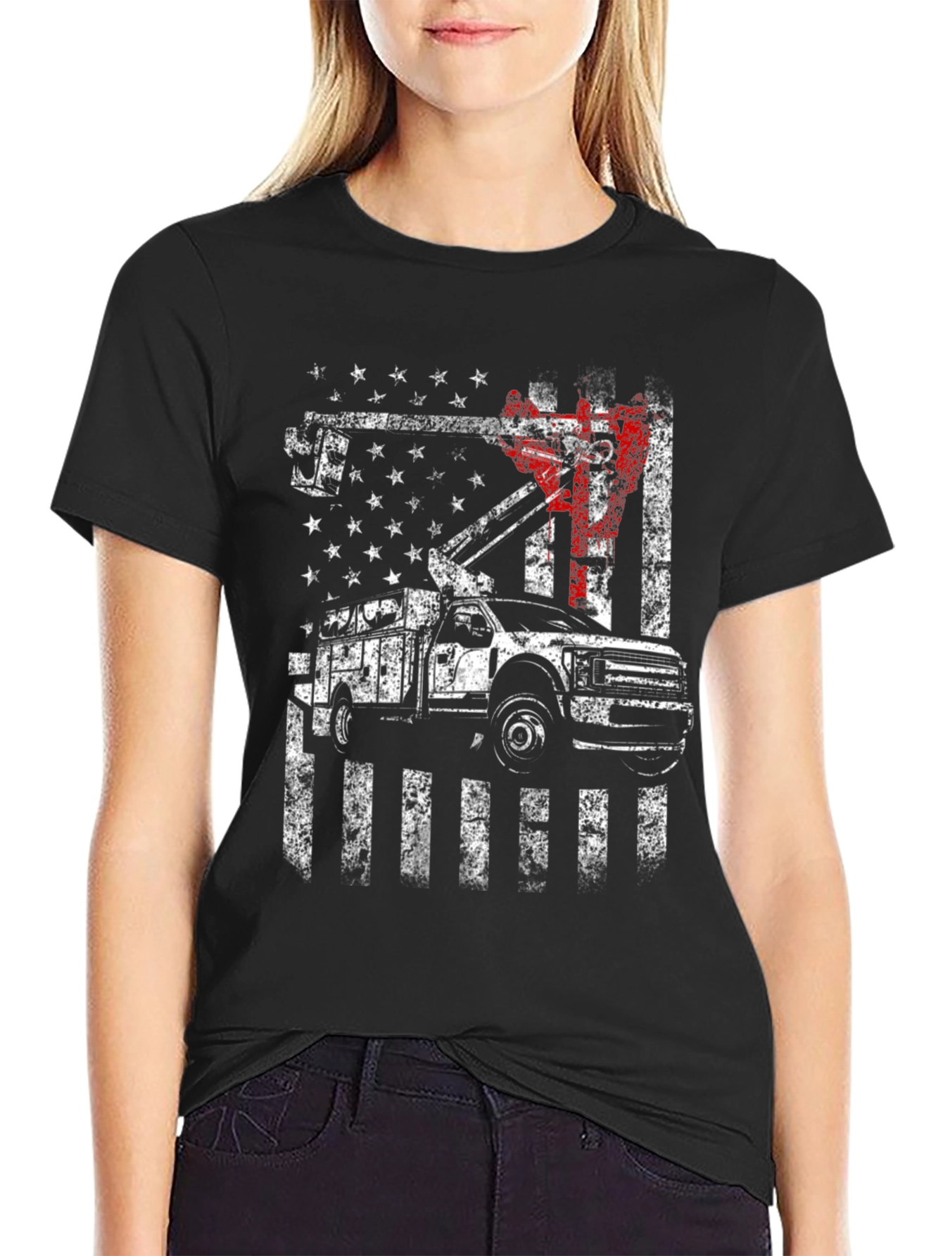 Lineman American Flag Truck Black T-Shirt
