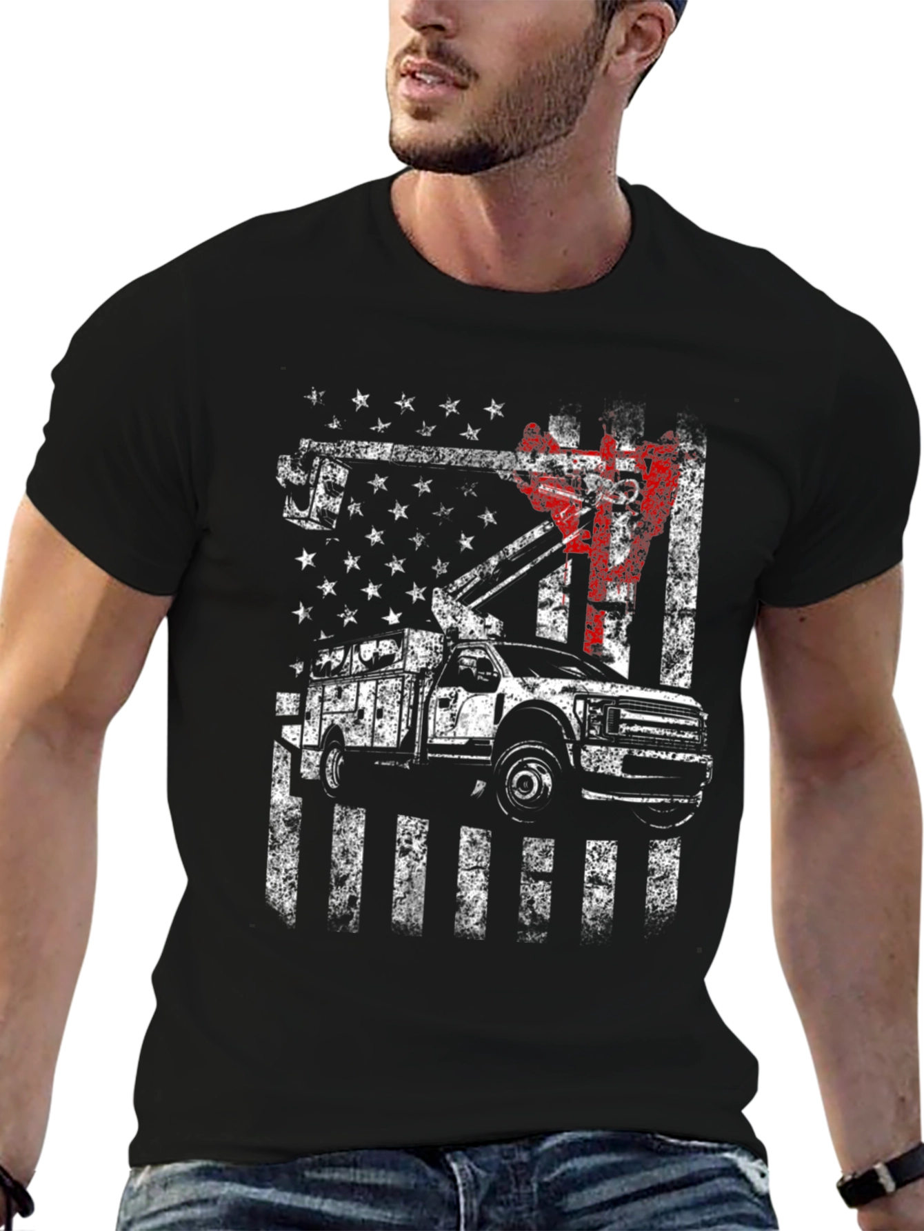 Lineman American Flag Truck Black T-Shirt