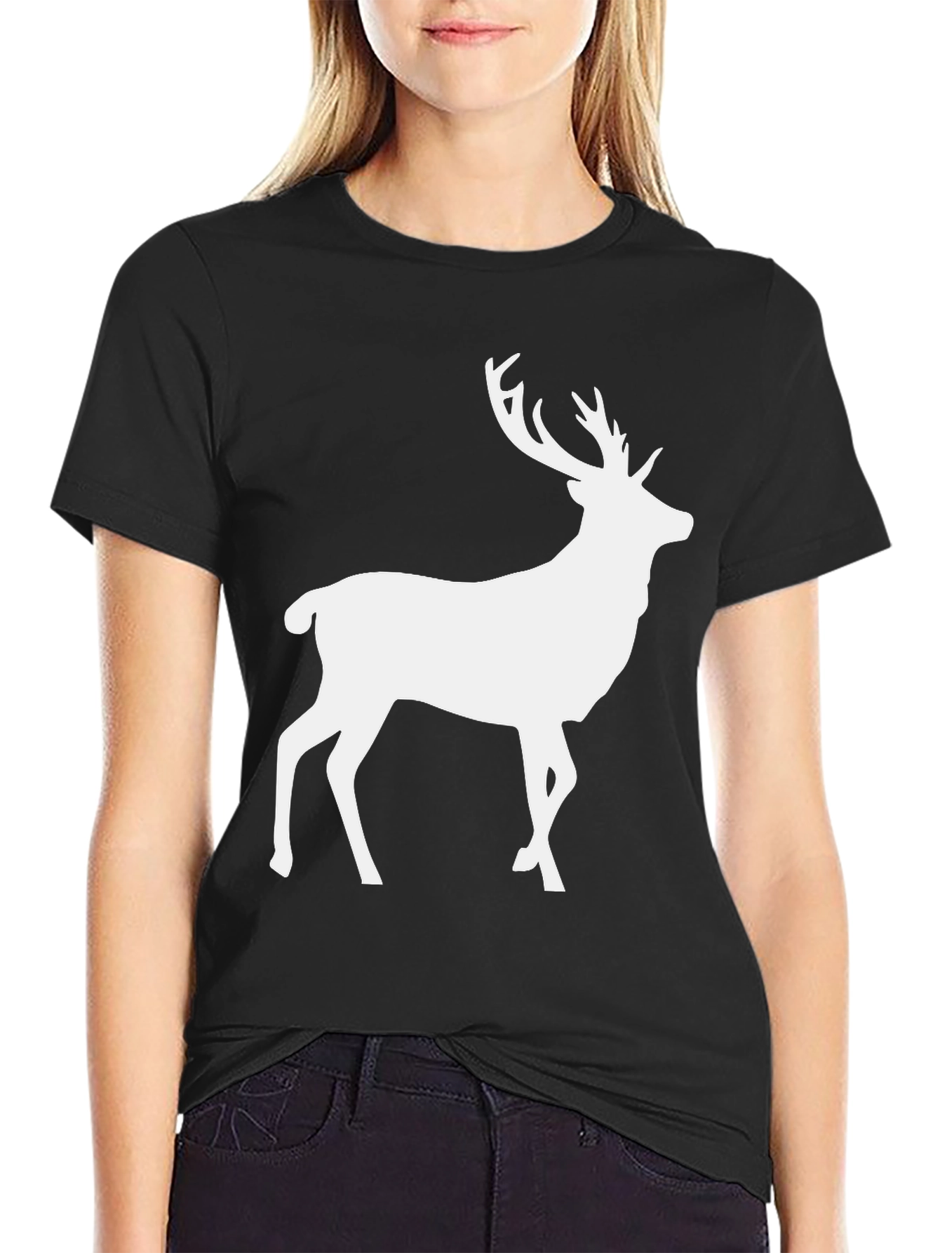 Mens Black T-Shirt with White Deer Graphic