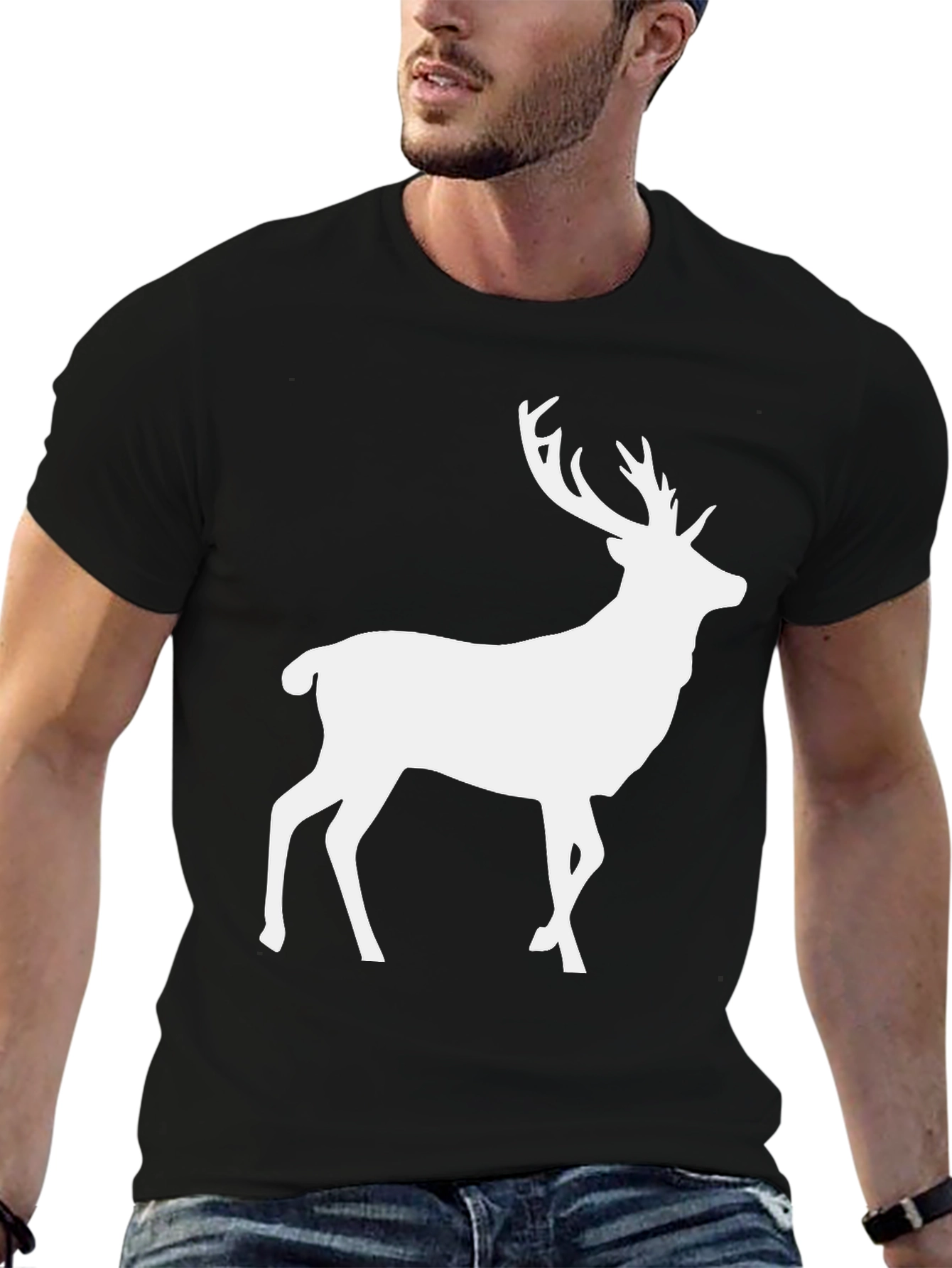 Mens Black T-Shirt with White Deer Graphic