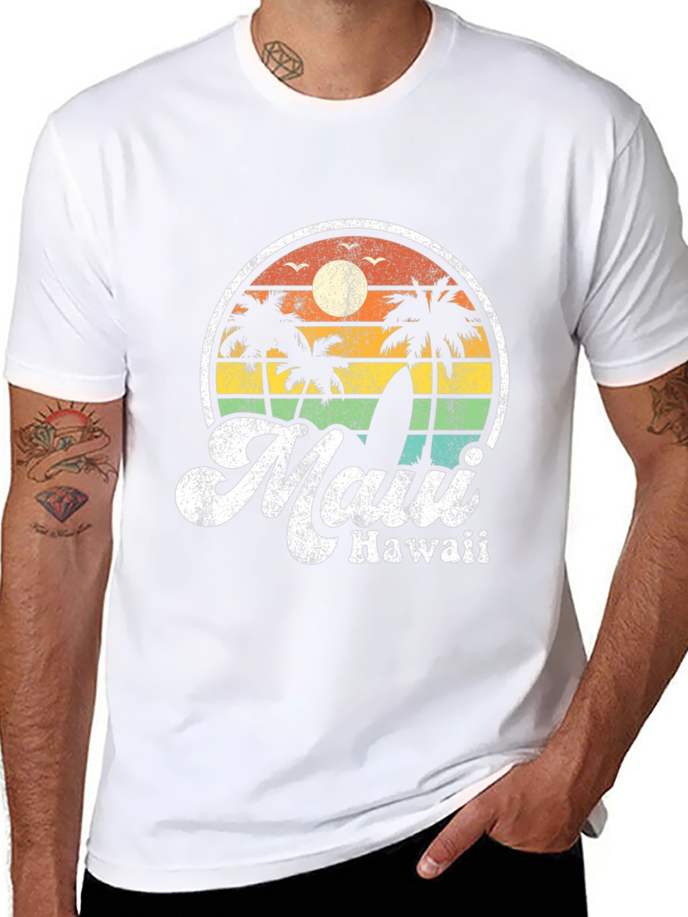 Retro Maui Hawaii T-Shirt - Palm Trees Surfboard