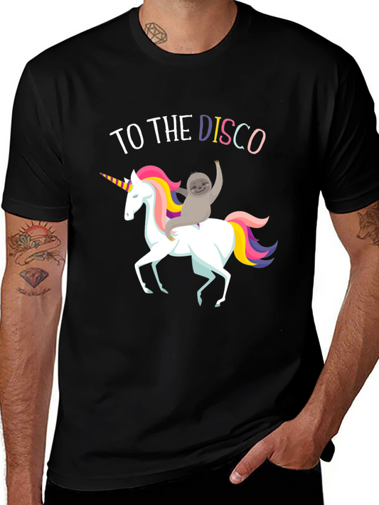 Sloth Riding Unicorn To The Disco Black T-Shirt