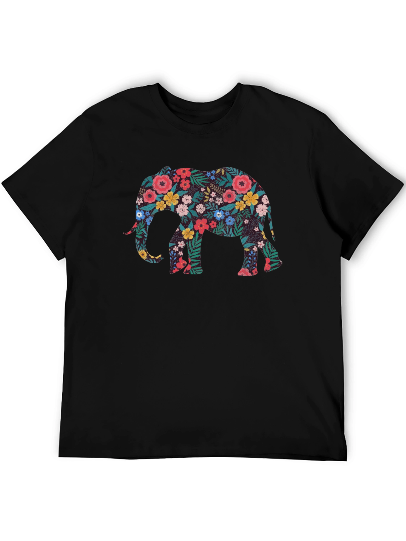 Floral Elephant Black T-Shirt