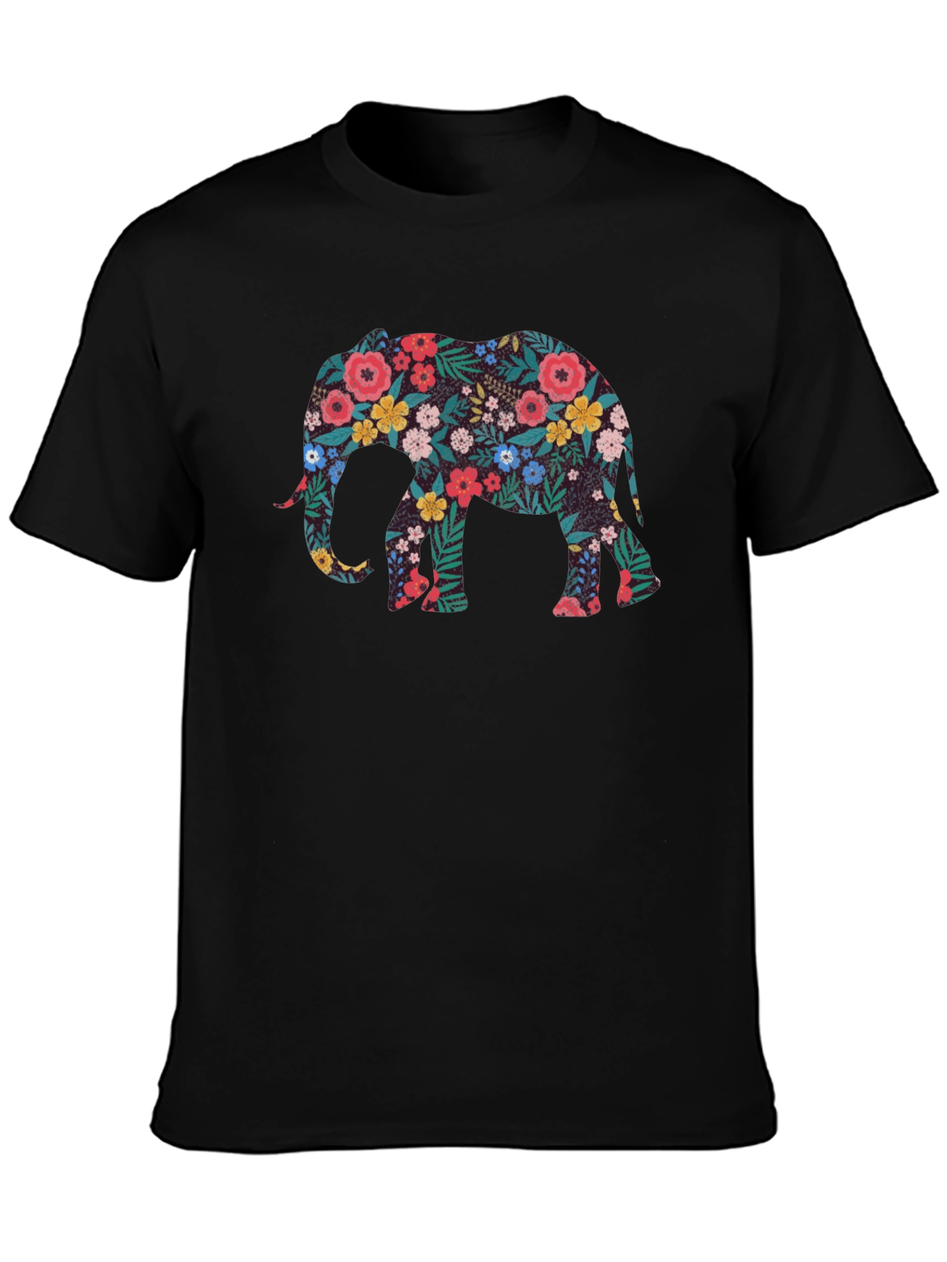 Floral Elephant Black T-Shirt