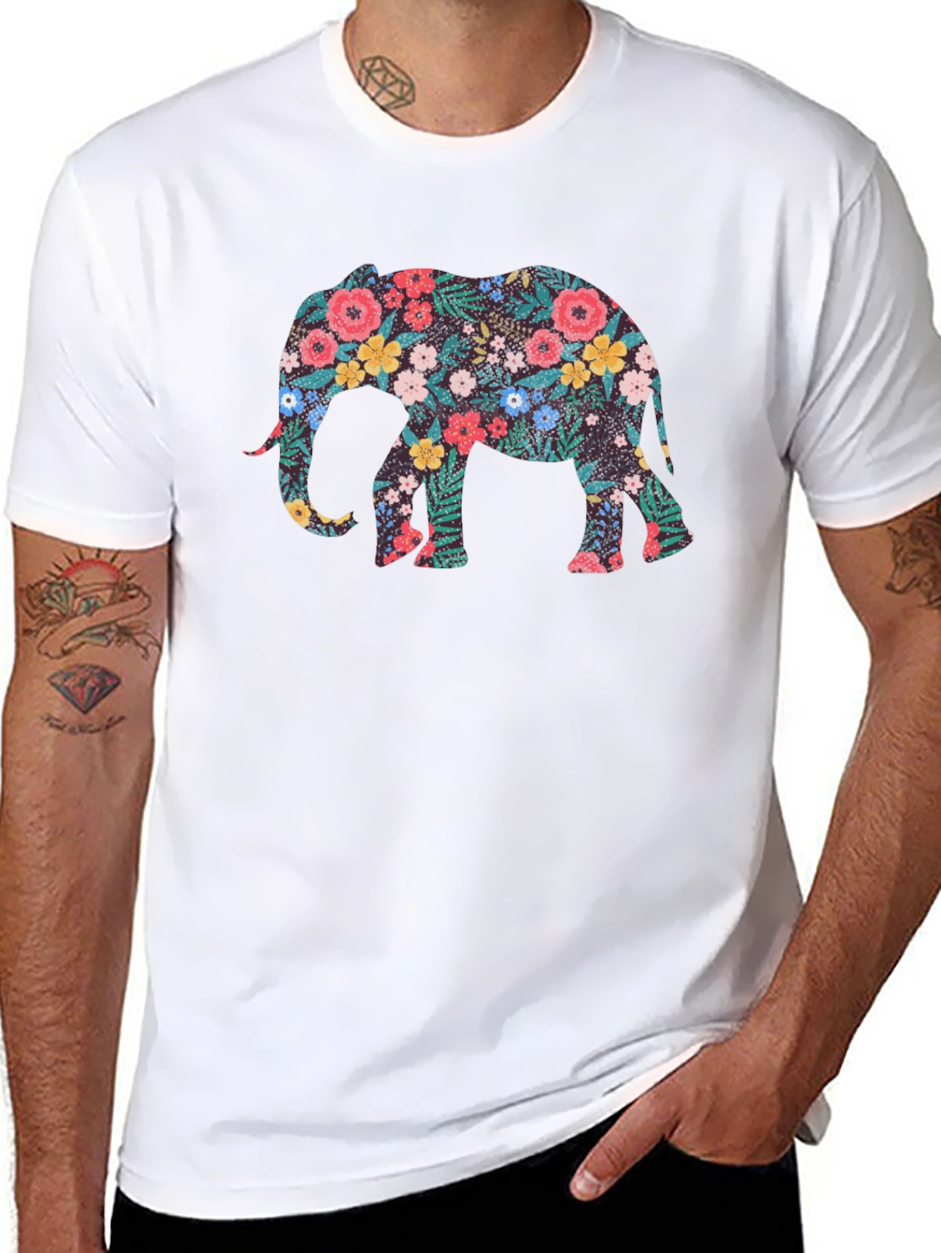 Floral Elephant Black T-Shirt