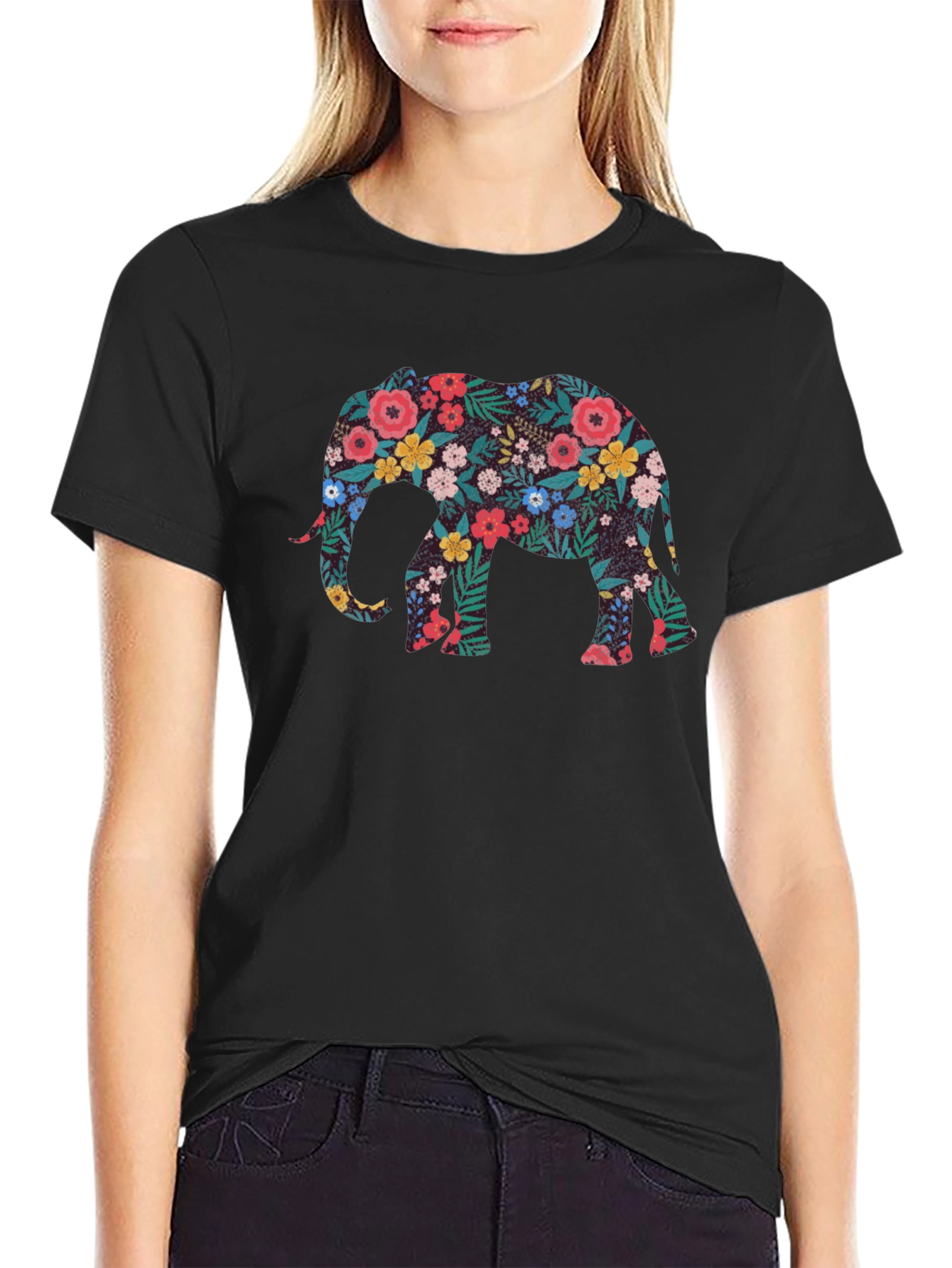 Floral Elephant Black T-Shirt