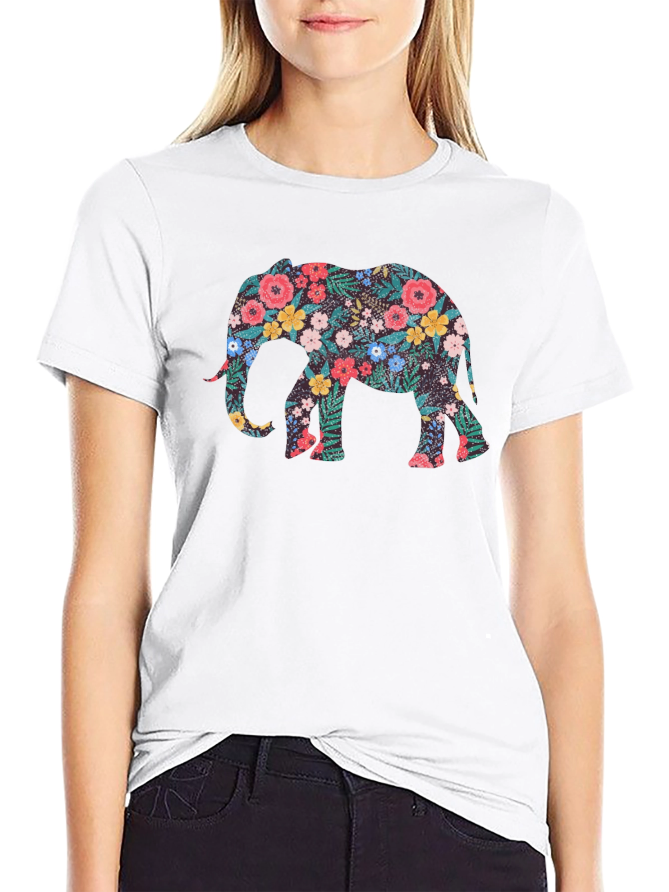 Floral Elephant Black T-Shirt