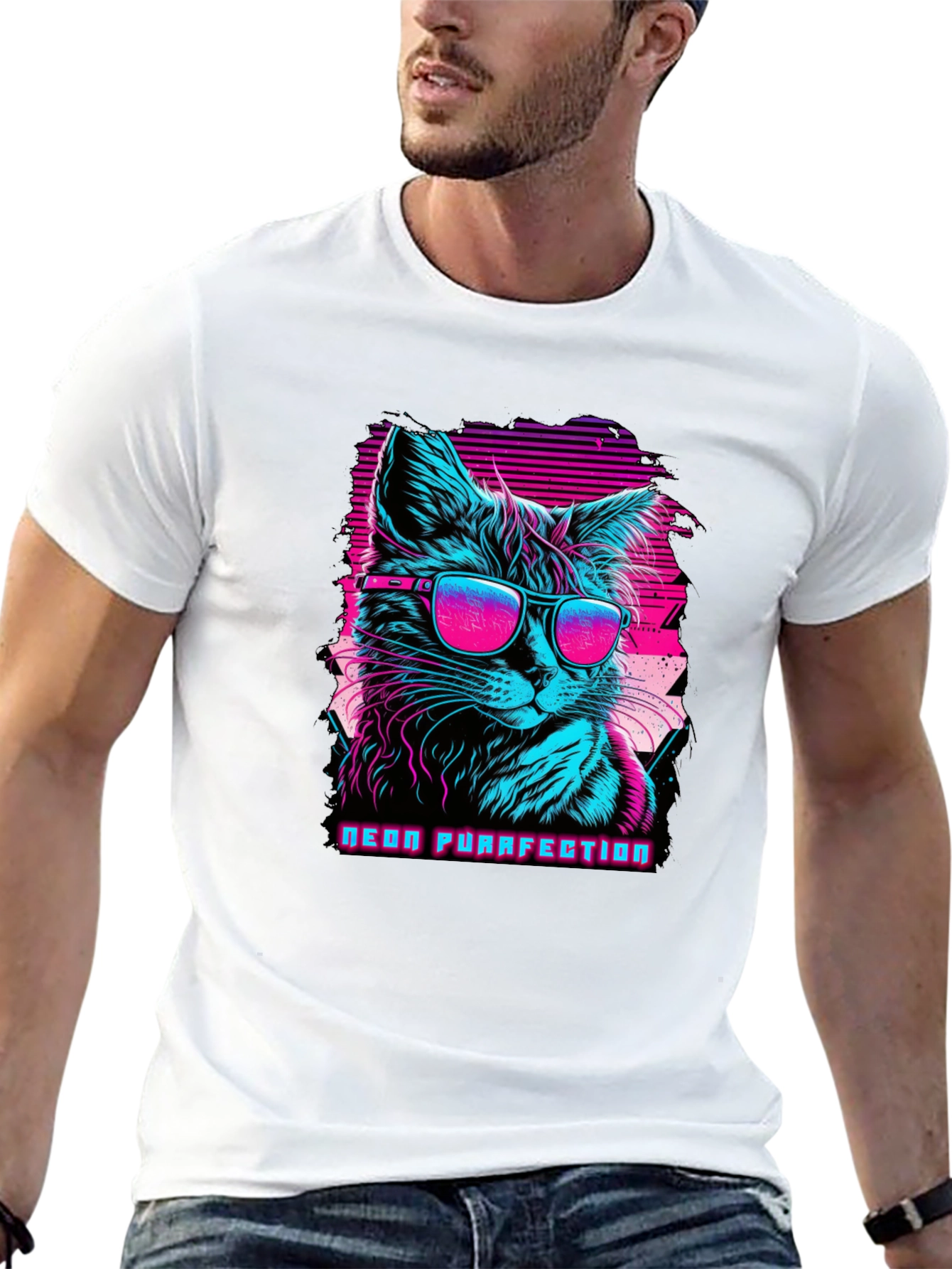 Neon Purrfection Cat Graphic Tee