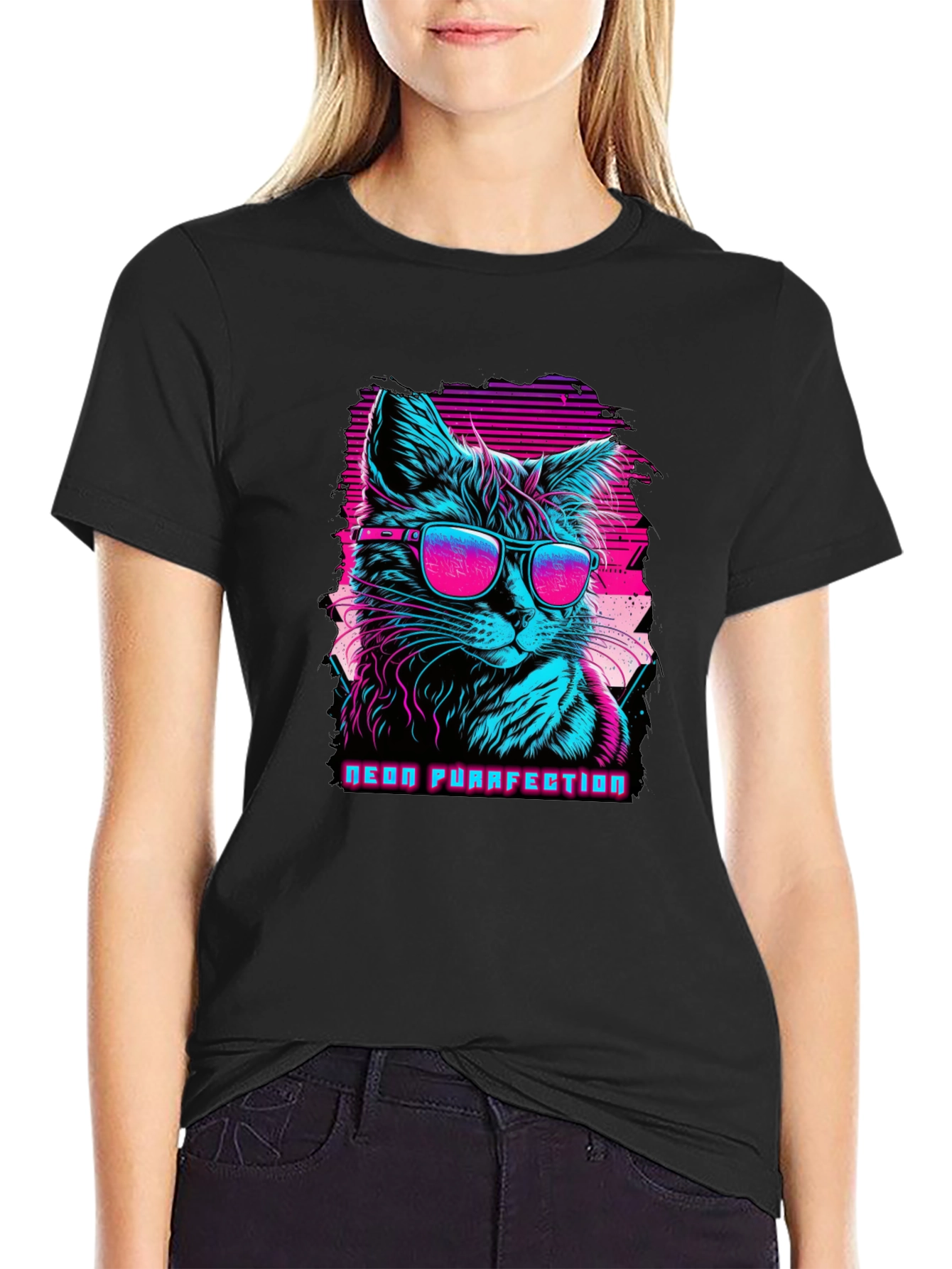 Neon Purrfection Cat Graphic Tee