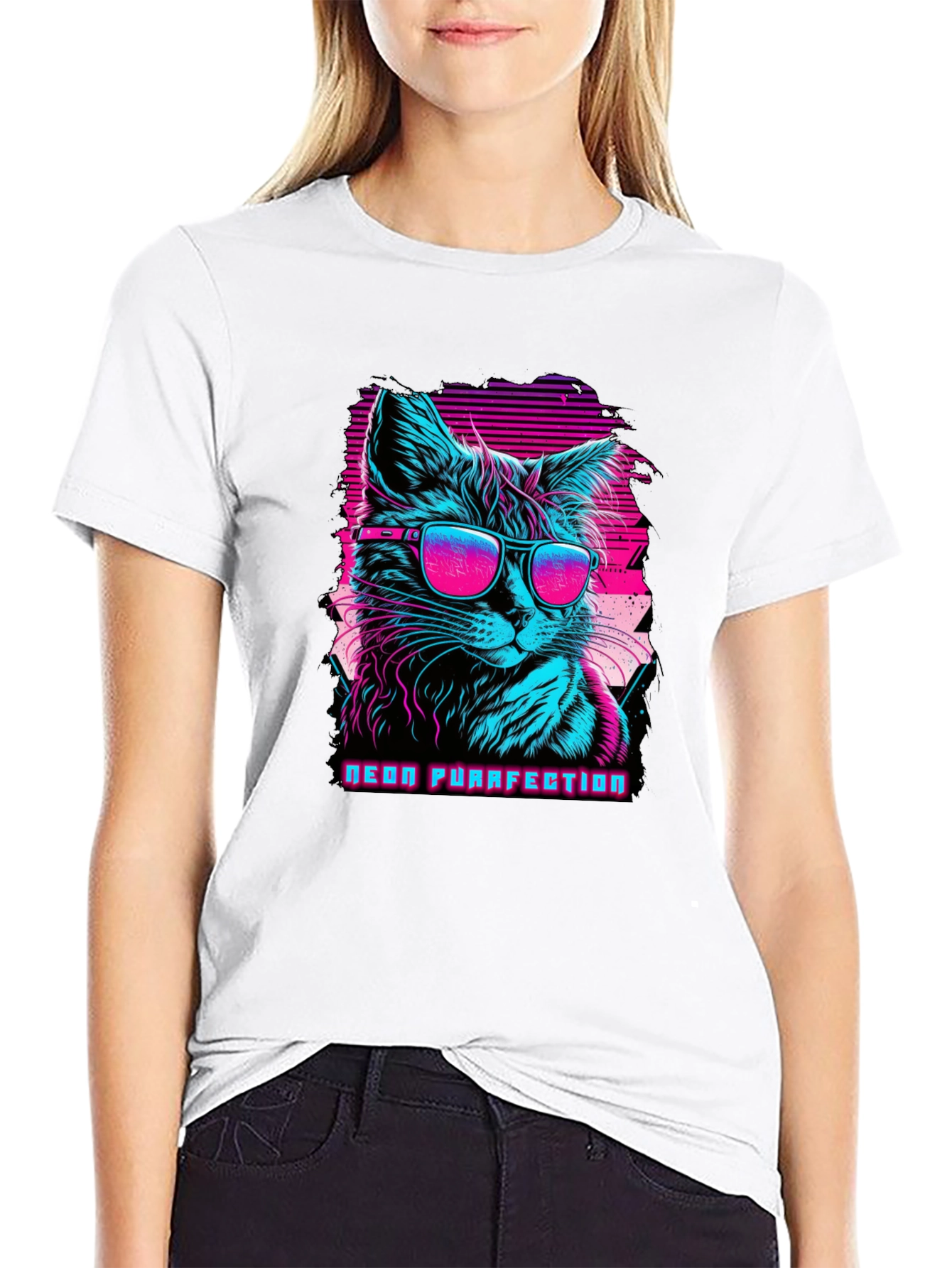 Neon Purrfection Cat Graphic Tee