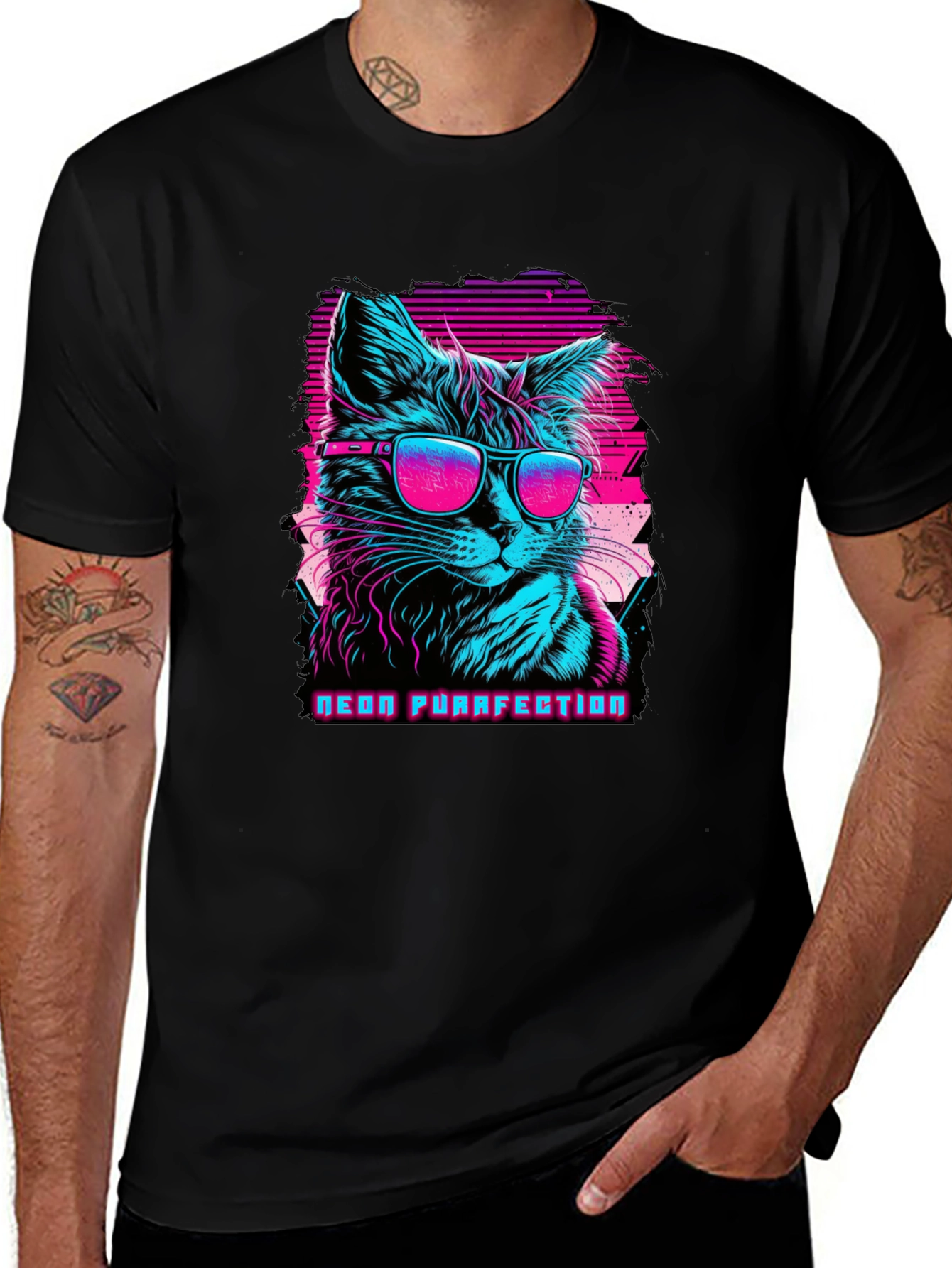Neon Purrfection Cat Graphic Tee