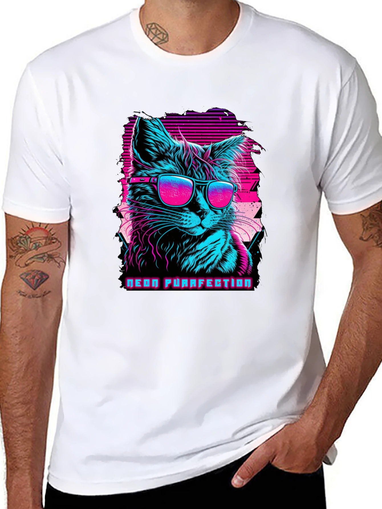 Neon Purrfection Cat Graphic Tee