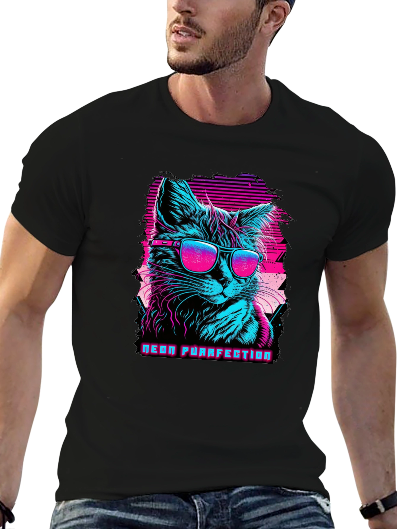 Neon Purrfection Cat Graphic Tee