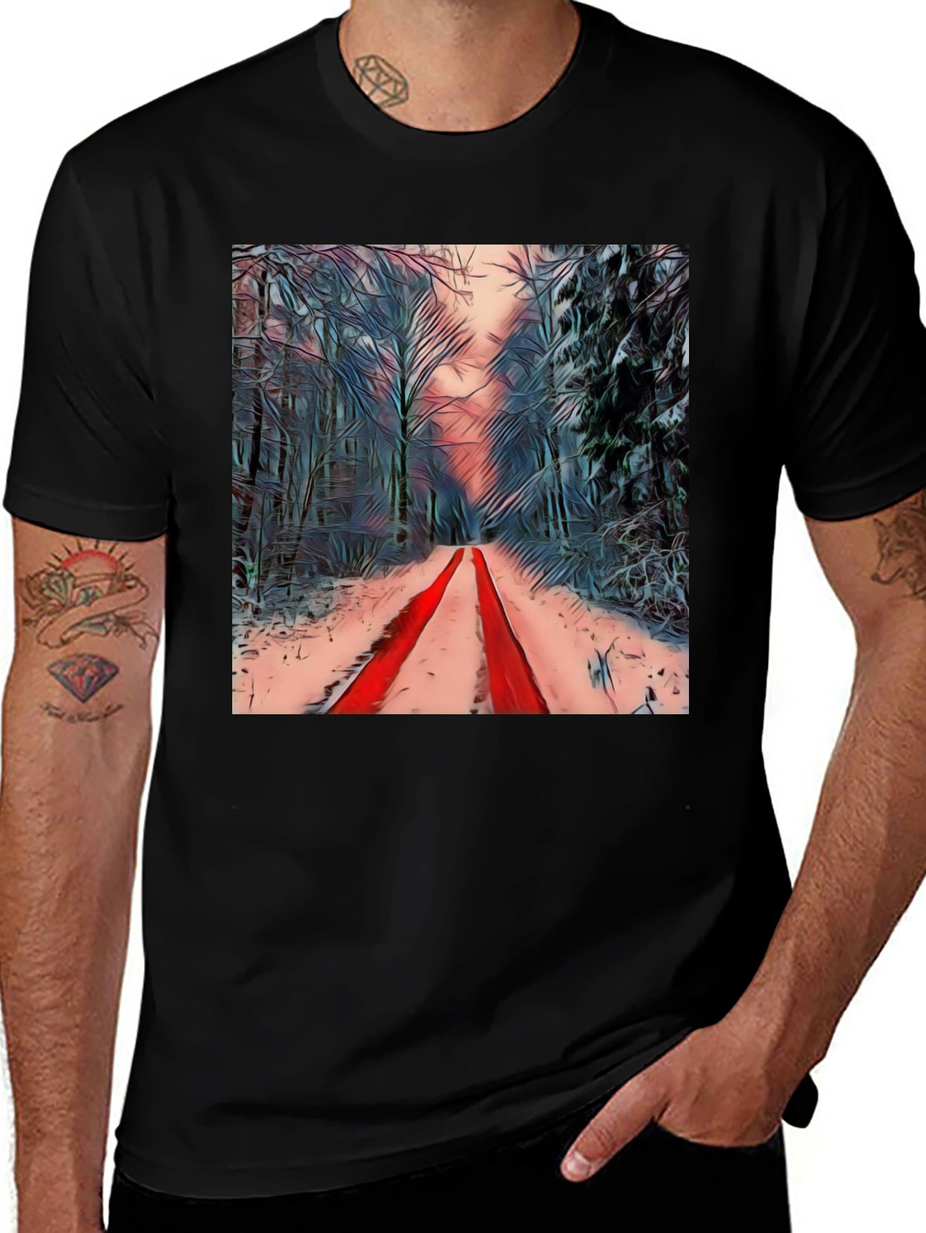Winter Forest Red Path Black T-Shirt