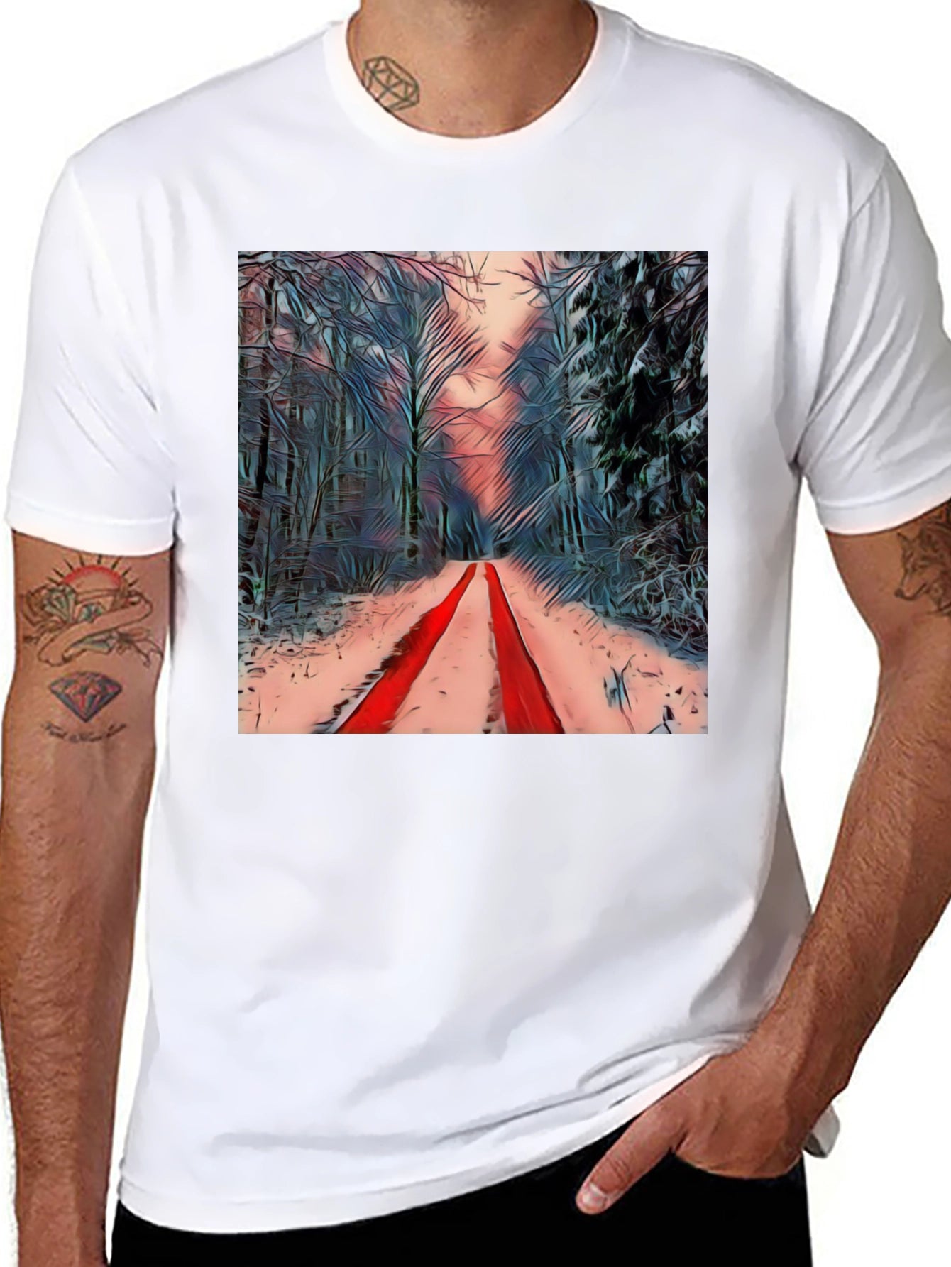 Winter Forest Red Path Black T-Shirt