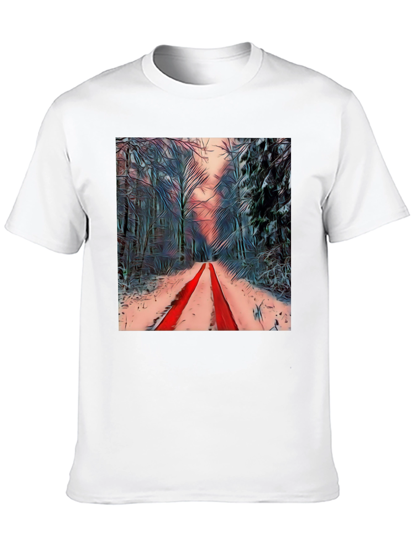Winter Forest Red Path Black T-Shirt