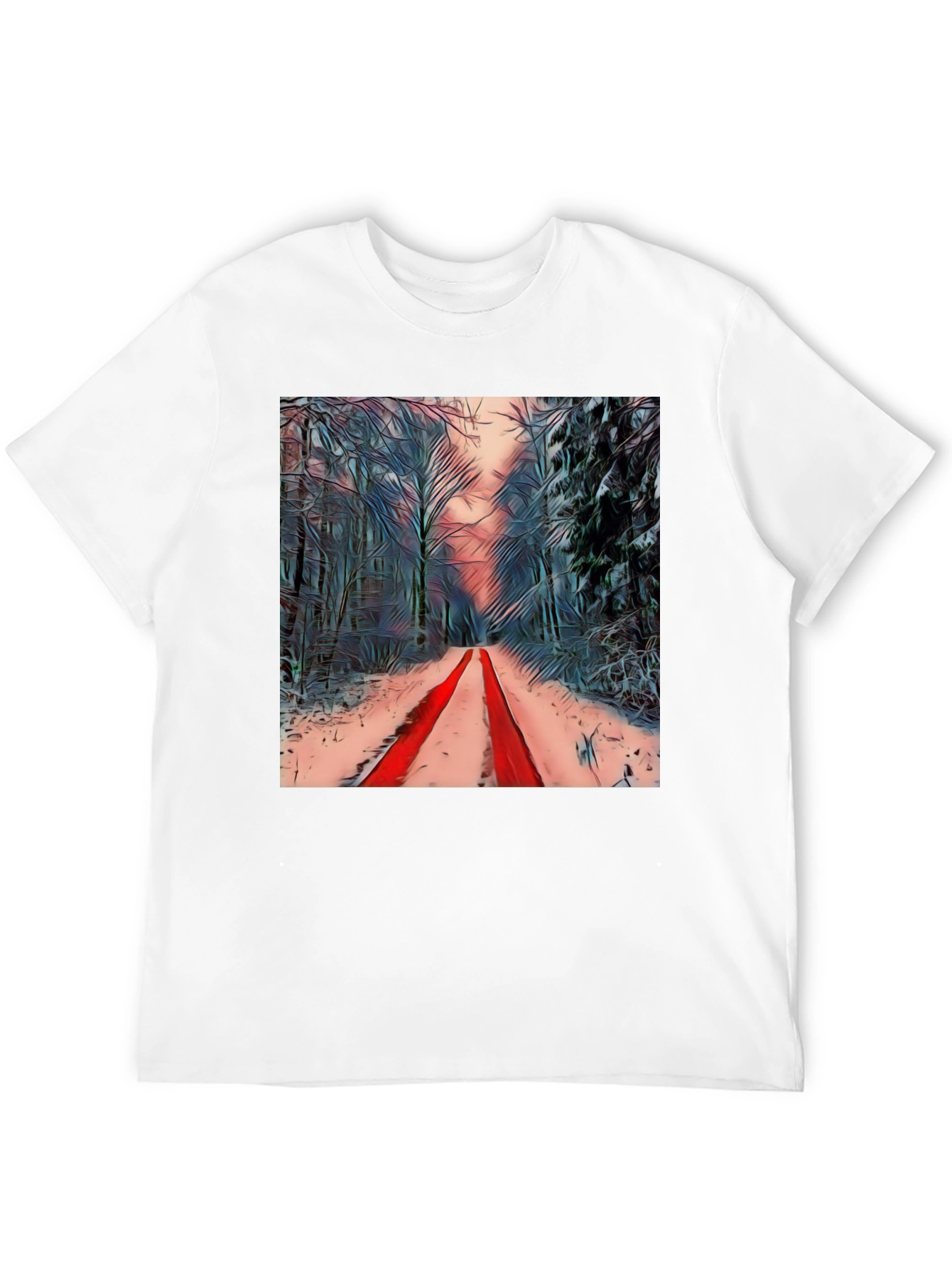 Winter Forest Red Path Black T-Shirt