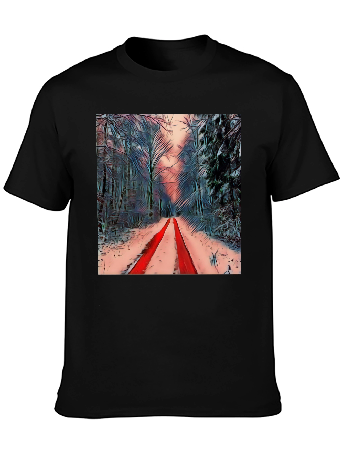 Winter Forest Red Path Black T-Shirt