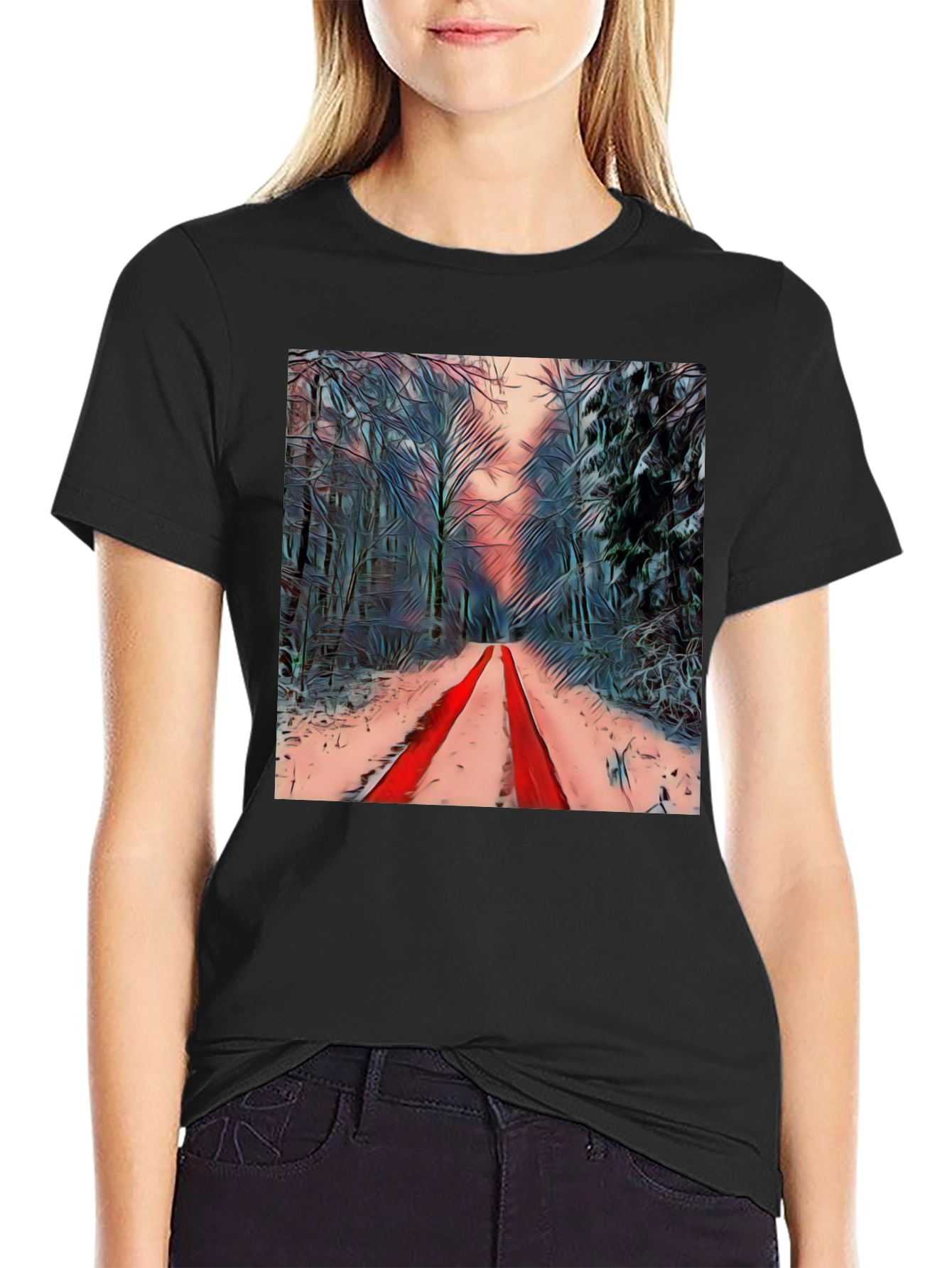 Winter Forest Red Path Black T-Shirt