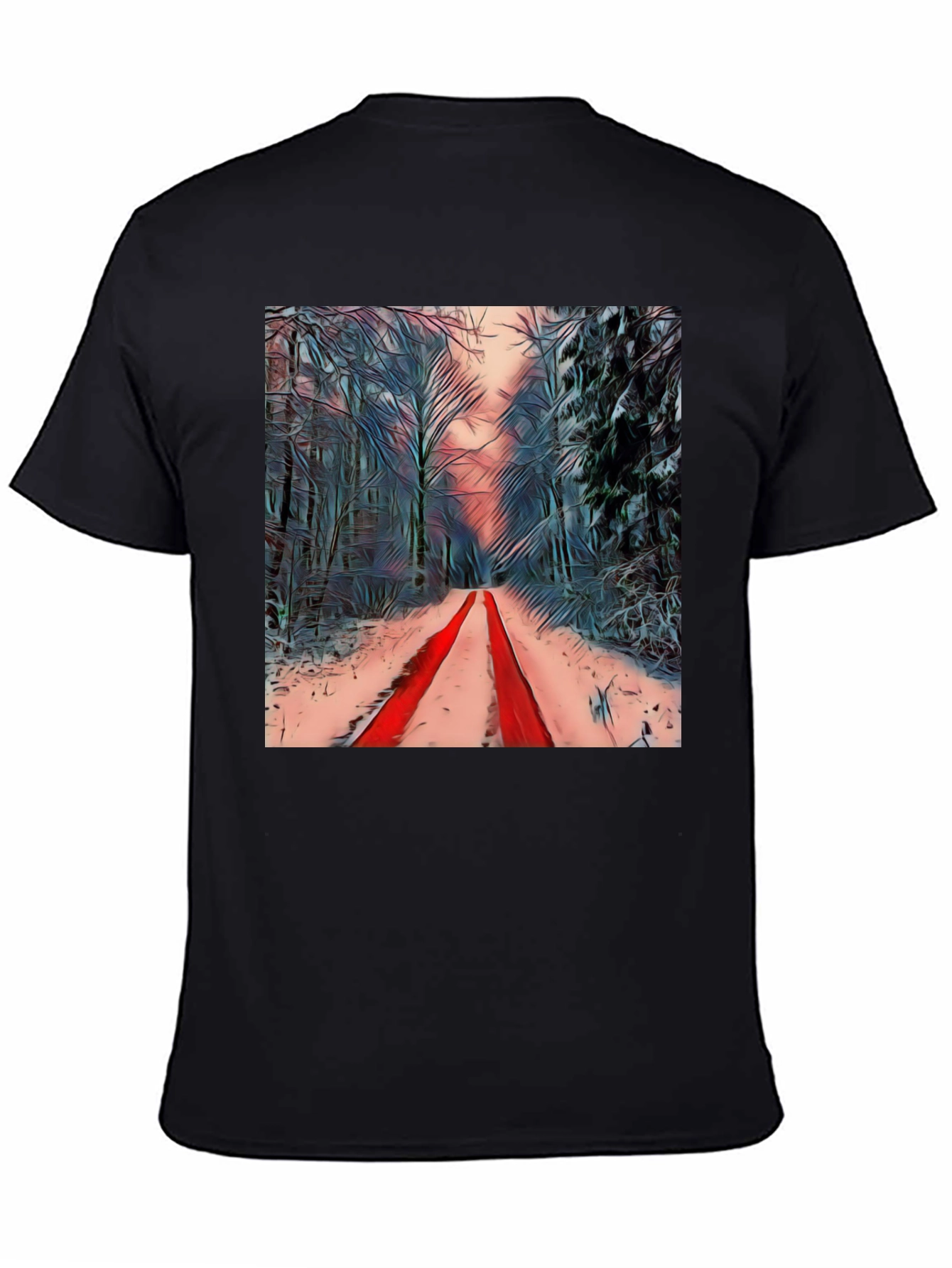 Winter Forest Red Path Black T-Shirt
