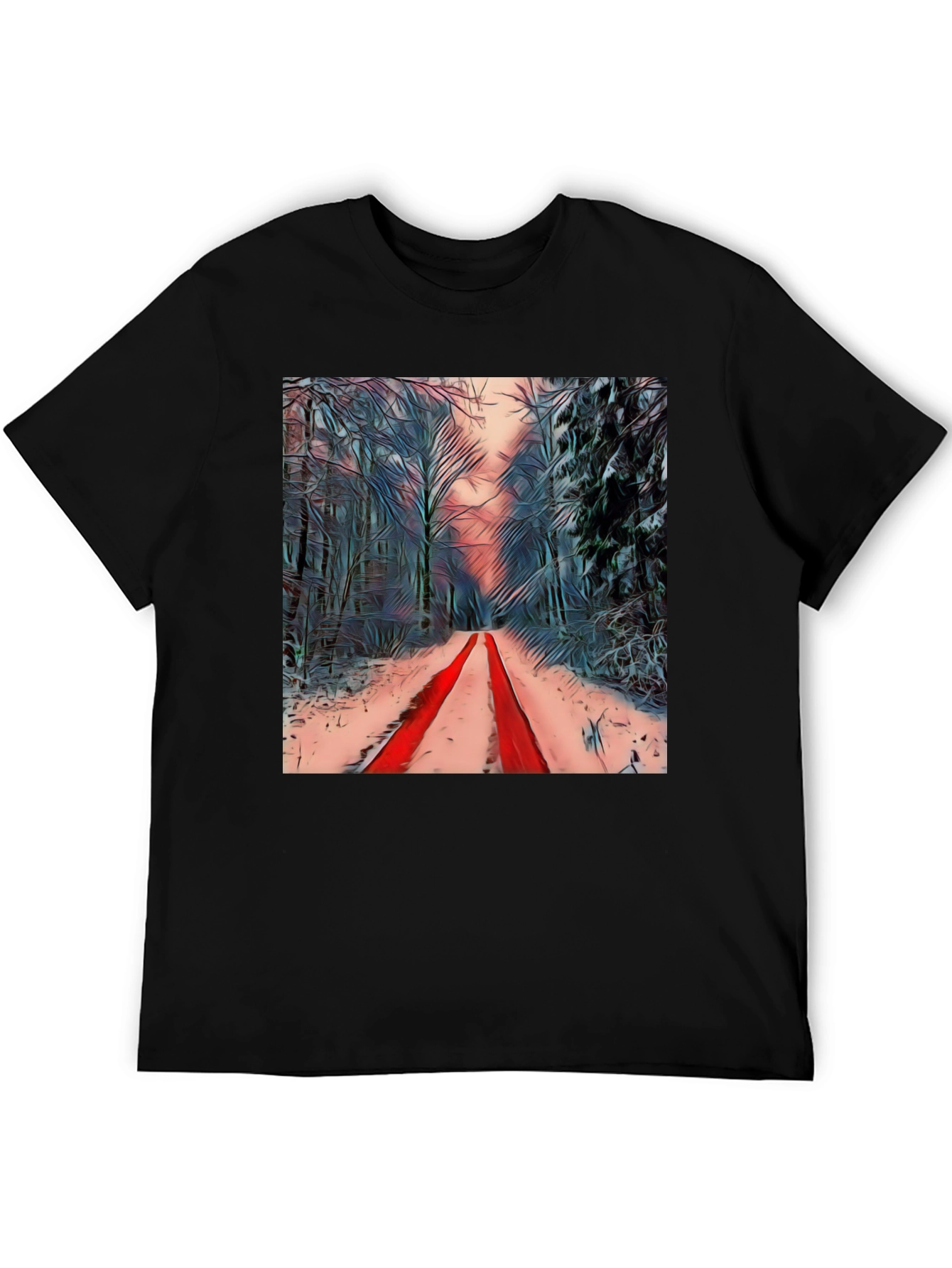 Winter Forest Red Path Black T-Shirt