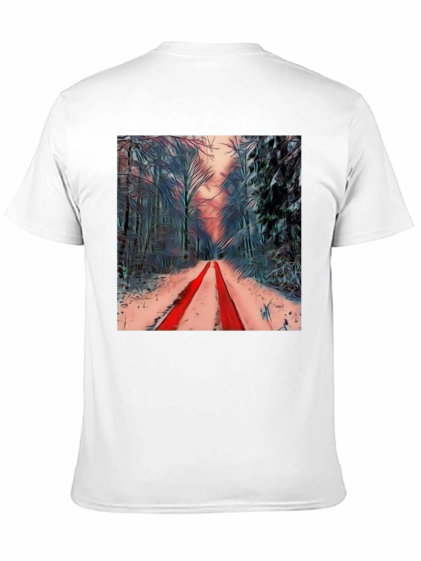 Winter Forest Red Path Black T-Shirt