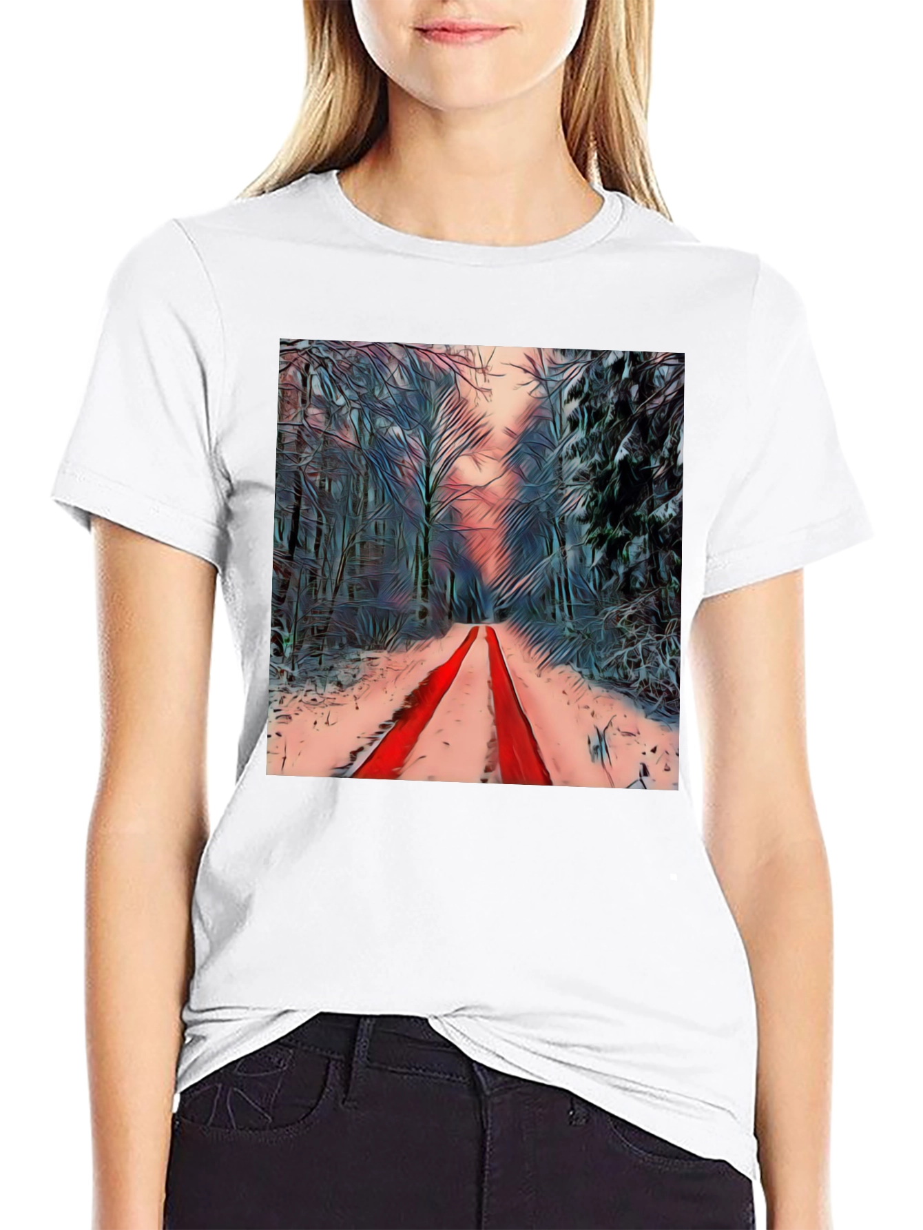 Winter Forest Red Path Black T-Shirt