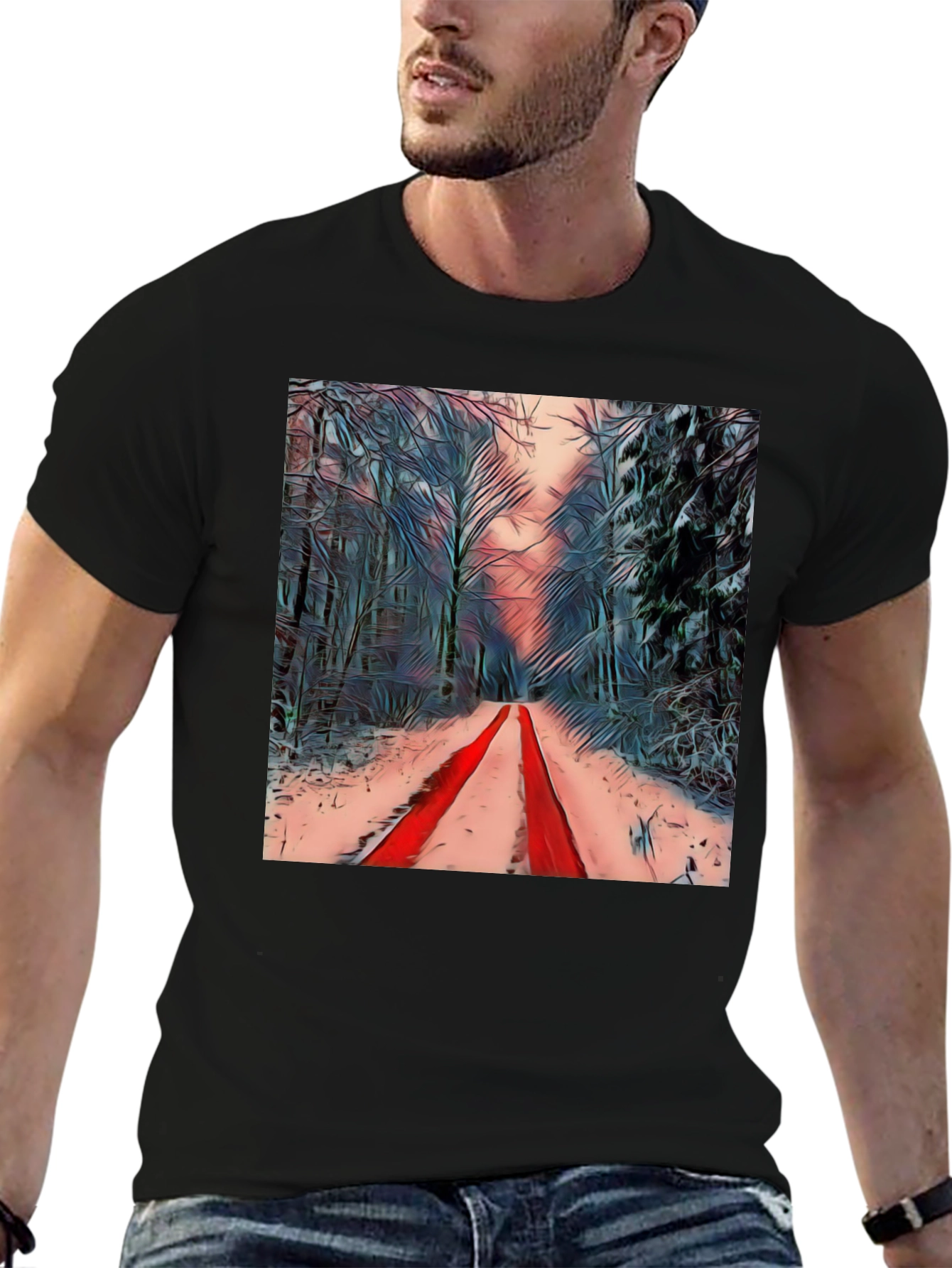 Winter Forest Red Path Black T-Shirt